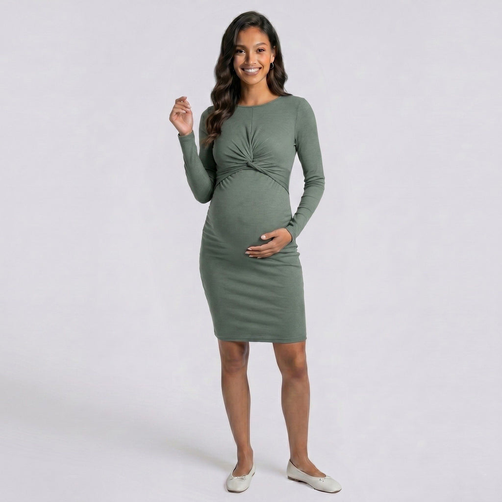 Anna-Kaci Women's Maternity Ribbed Long Sleeve Bodycon Dress with Front Twist Detail