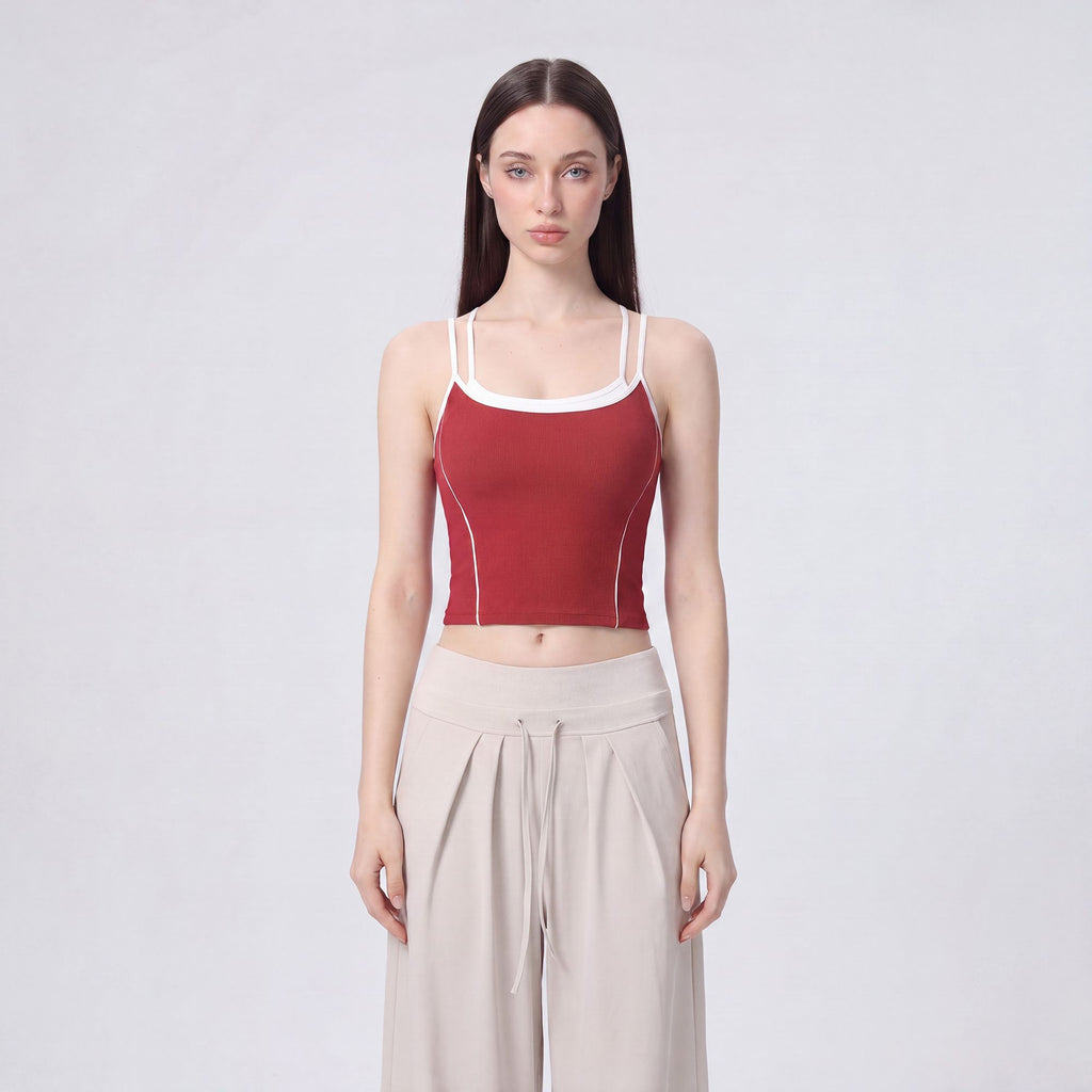 Contrast Trim Double Strap Cropped Cami Tank Top with Fitted Light Support Activewear Design