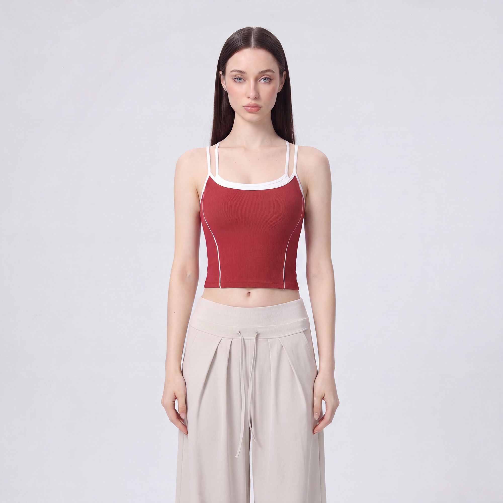 Contrast Trim Double Strap Cropped Cami Tank Top with Fitted Light Support Activewear Design