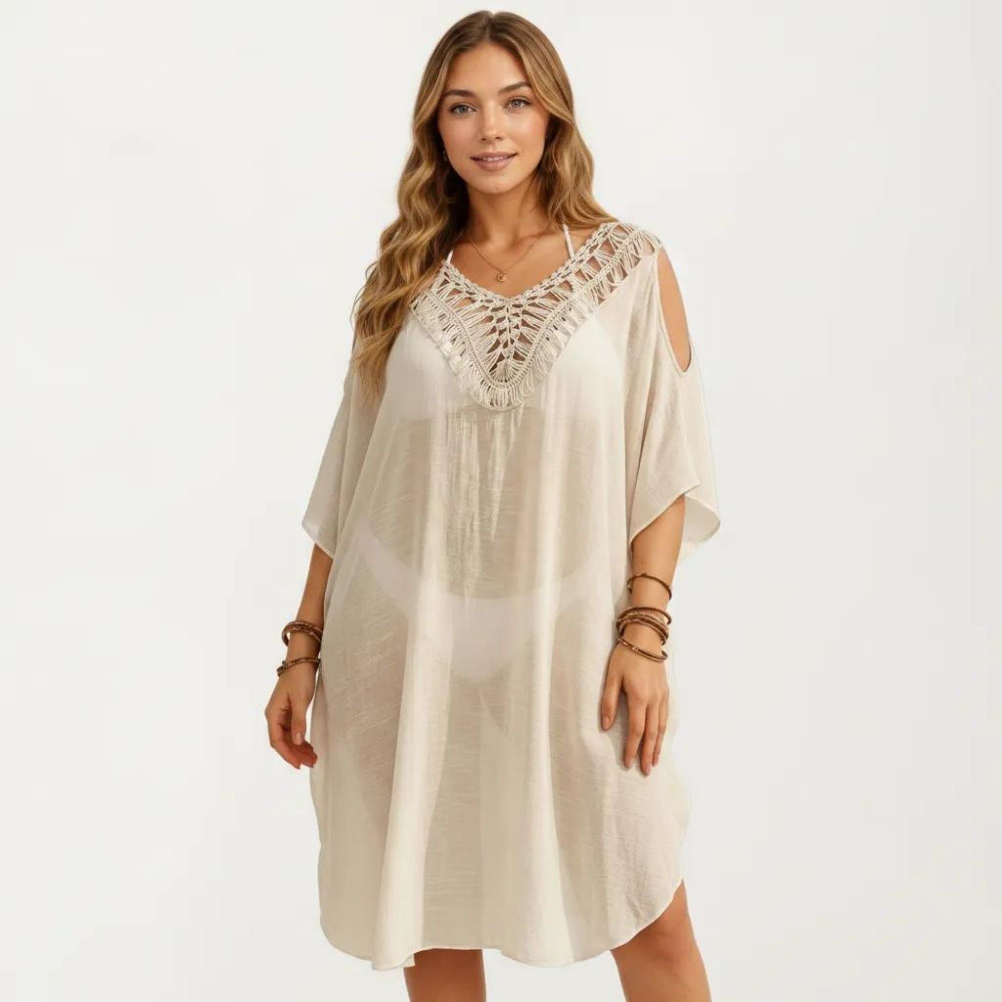 Anna-Kaci Women's Crochet V Neck Swim Cover Up Dress with Cold Shoulder Sleeves and Relaxed Fit