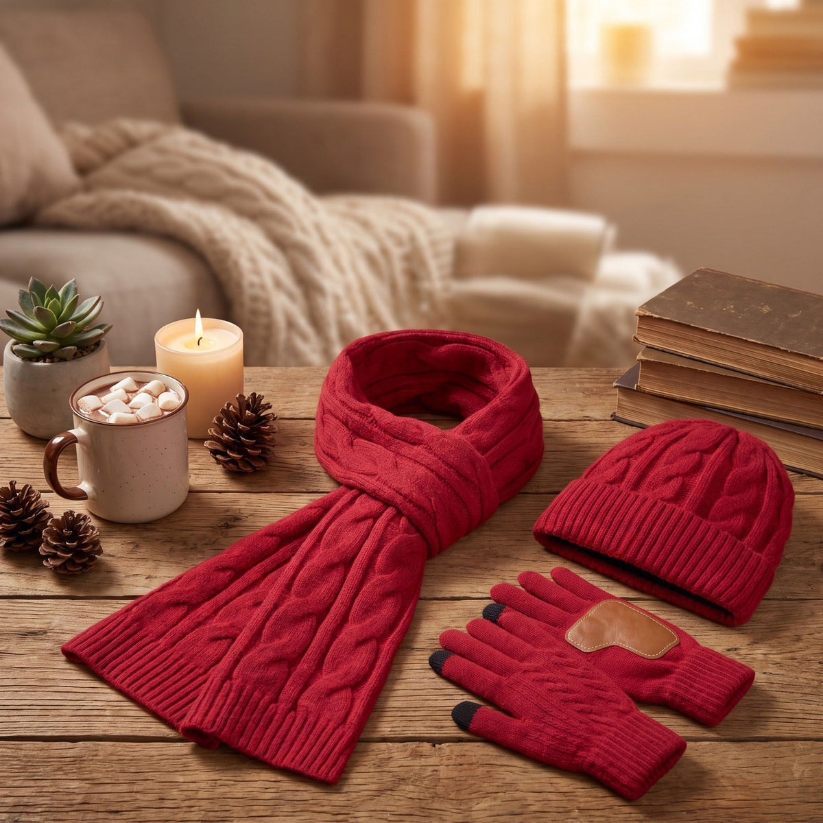 3 Piece Cable Knit Beanie Scarf and Touchscreen Gloves Set