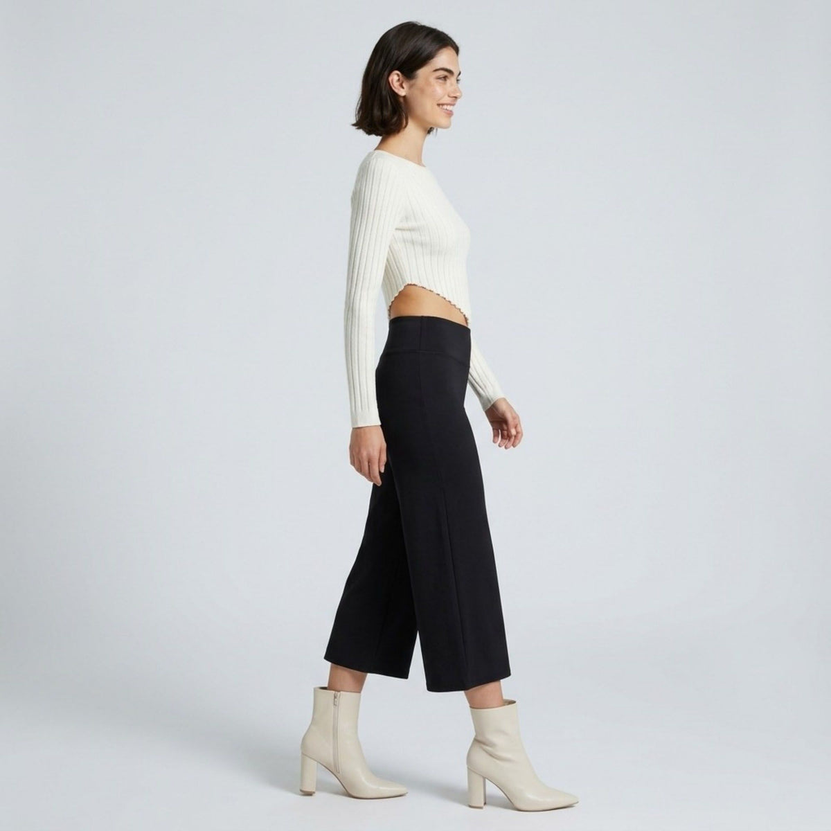 Foldover Waistband Cropped Wide-Leg Trousers