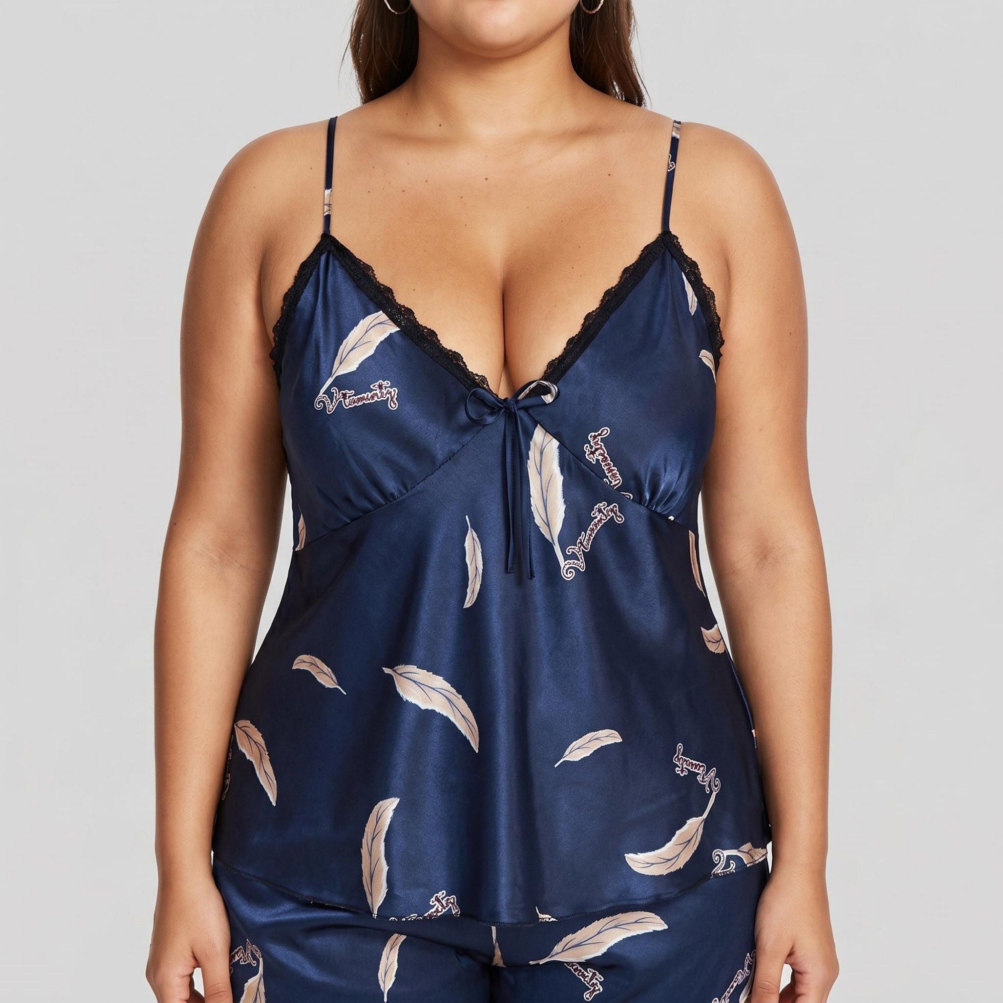 Anna-Kaci Lounge Women's Plus Size 2-Piece Satin Pajama Set with Lace Trim Cami Top Adjustable Straps Relaxed Fit Shorts Sleepwear Set