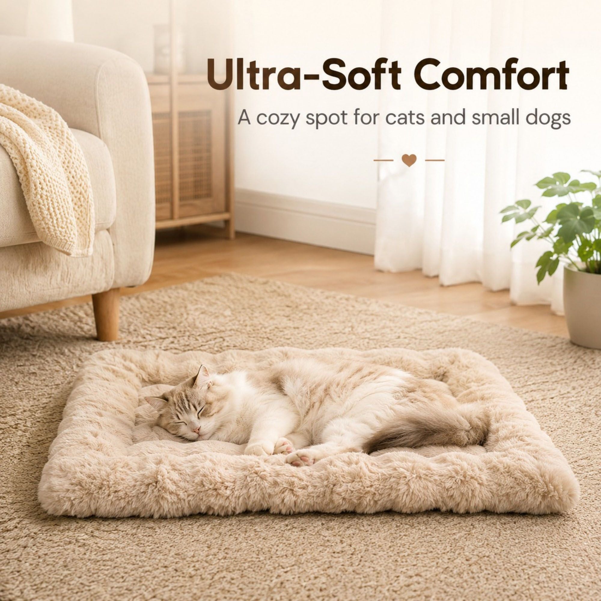 Plush Pet Mat for Cats and Small Dogs with Raised Border, Non-Slip Bottom and Machine-Washable Design