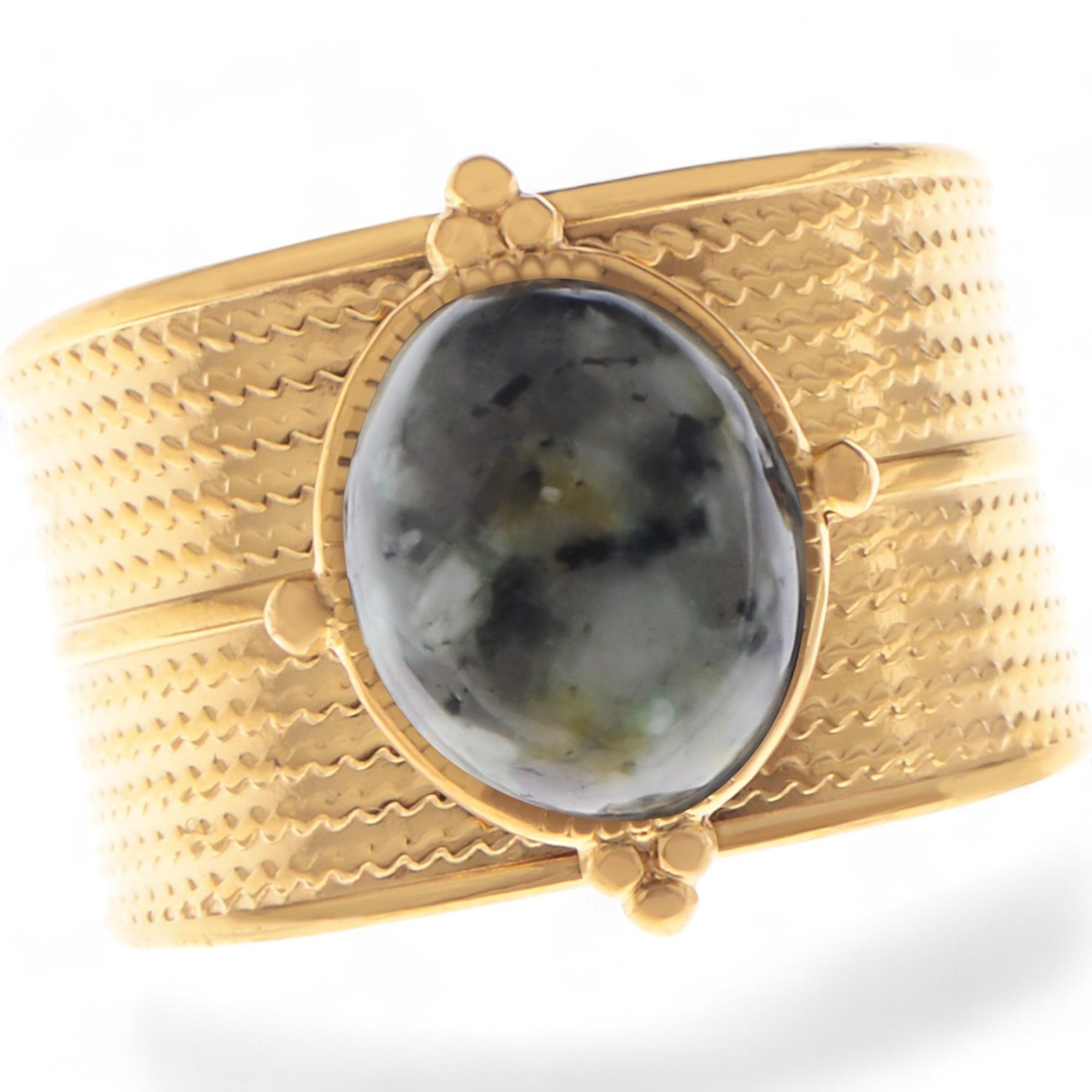 Women's Wide Statement Ring Gold Tone with Round Stone Marble-Like Stone and Textured Details
