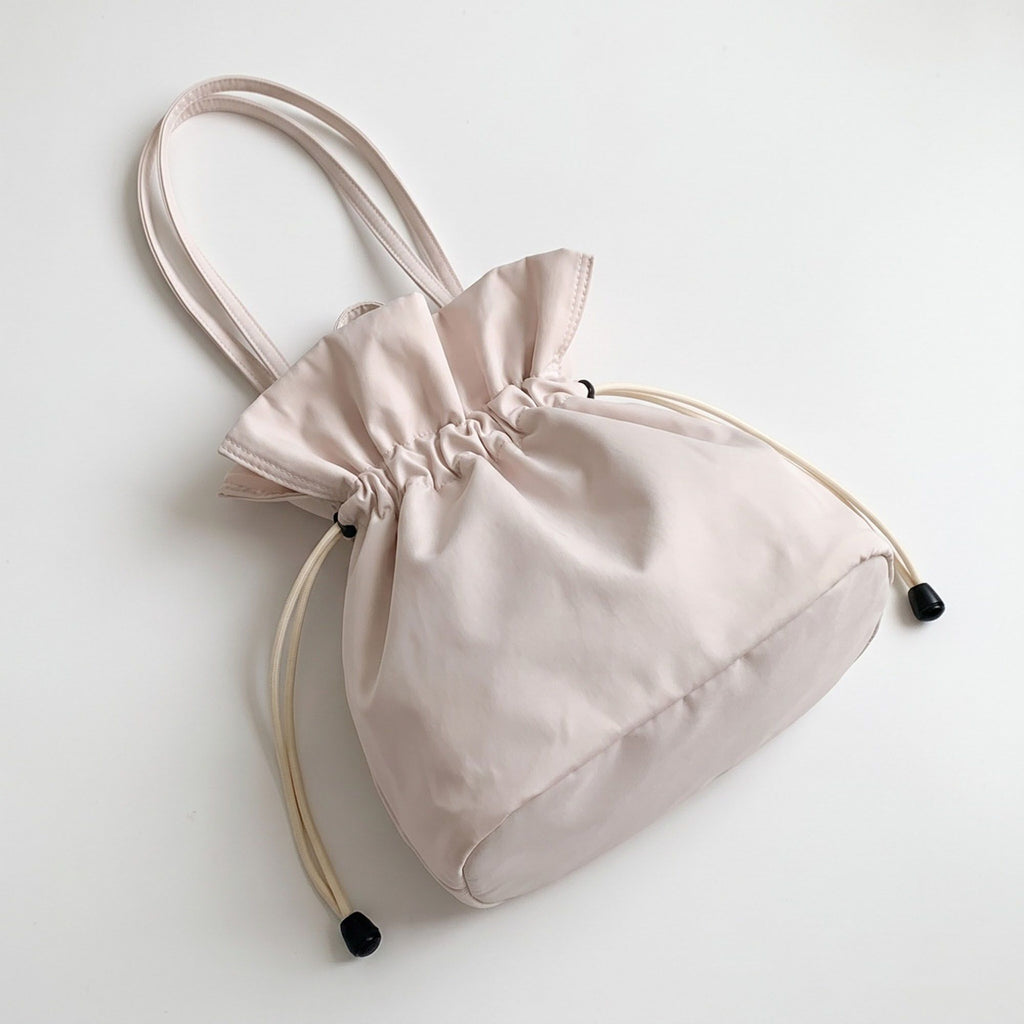 Drawstring Bucket Bag with Double Top Handles and Ruched Opening 11x9x4.5in