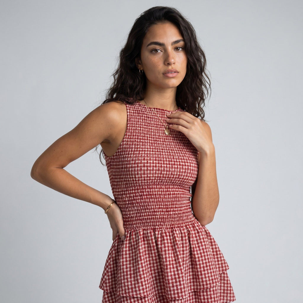 Anna-Kaci Women's Gingham Sleeveless Smocked Mini Dress with Tiered Ruffle Skirt