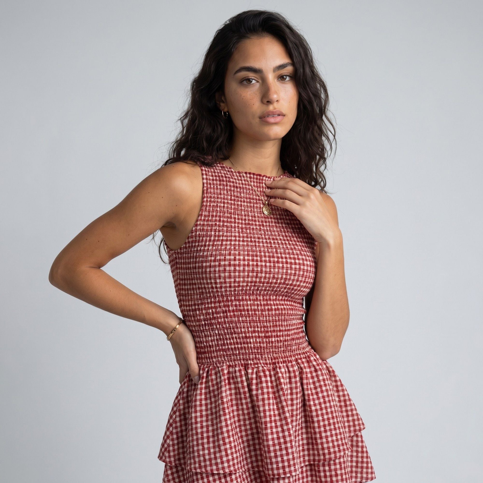 Anna-Kaci Women's Gingham Sleeveless Smocked Mini Dress with Tiered Ruffle Skirt