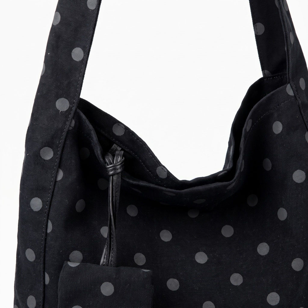 Polka Dot Hobo Tote Bag with Wide Shoulder Strap and Matching Pouch 12.5x13x5.5in