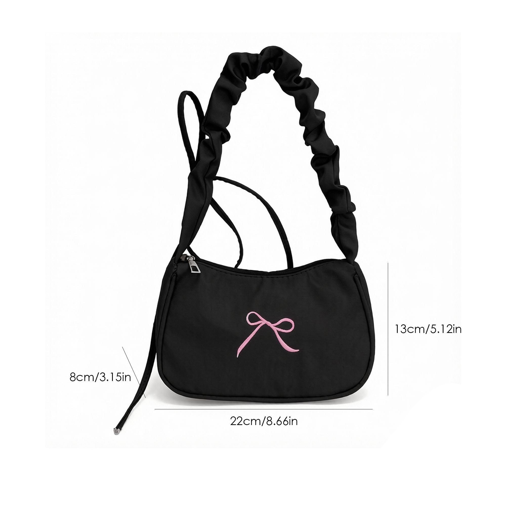 Small Bow Embroidered Shoulder Bag with Ruched Strap and Zip Closure