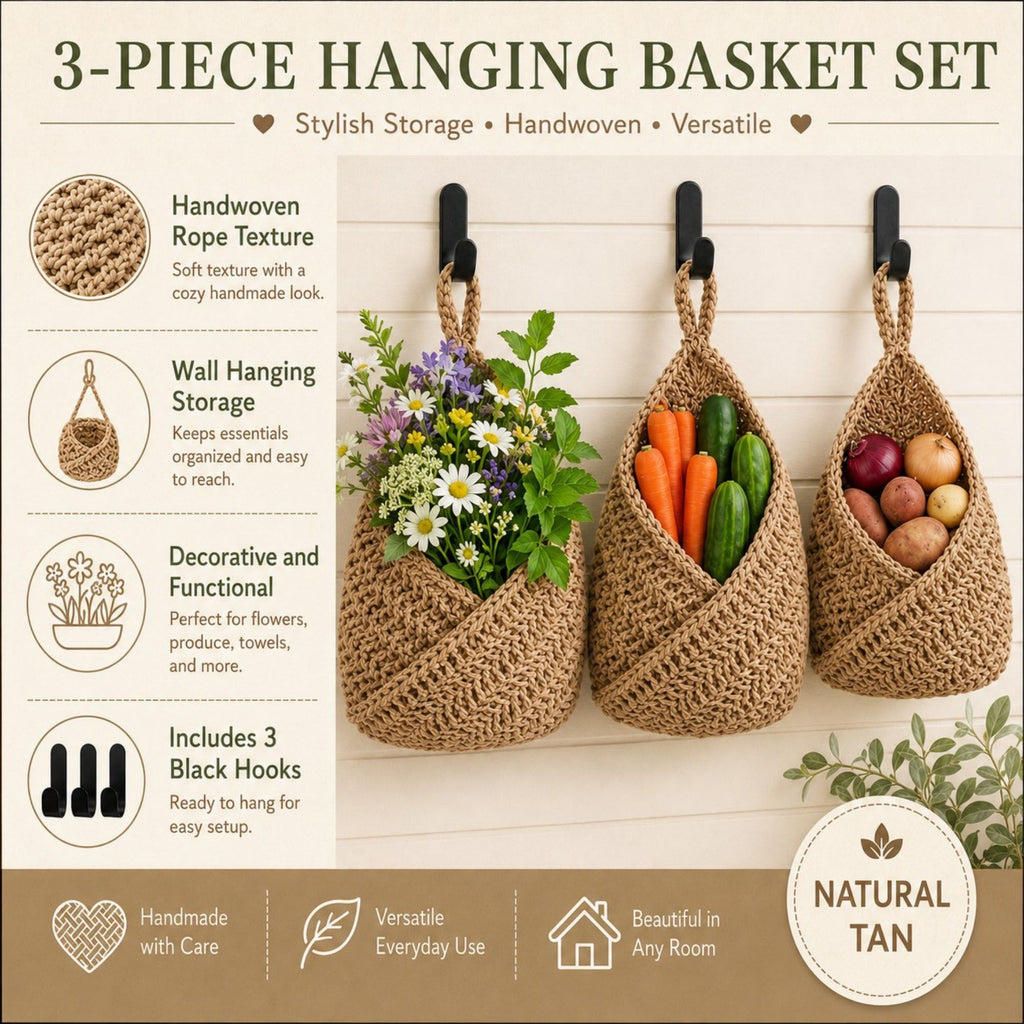 Woven Cotton Rope Hanging Basket Set Wall Storage Organizer with Hooks