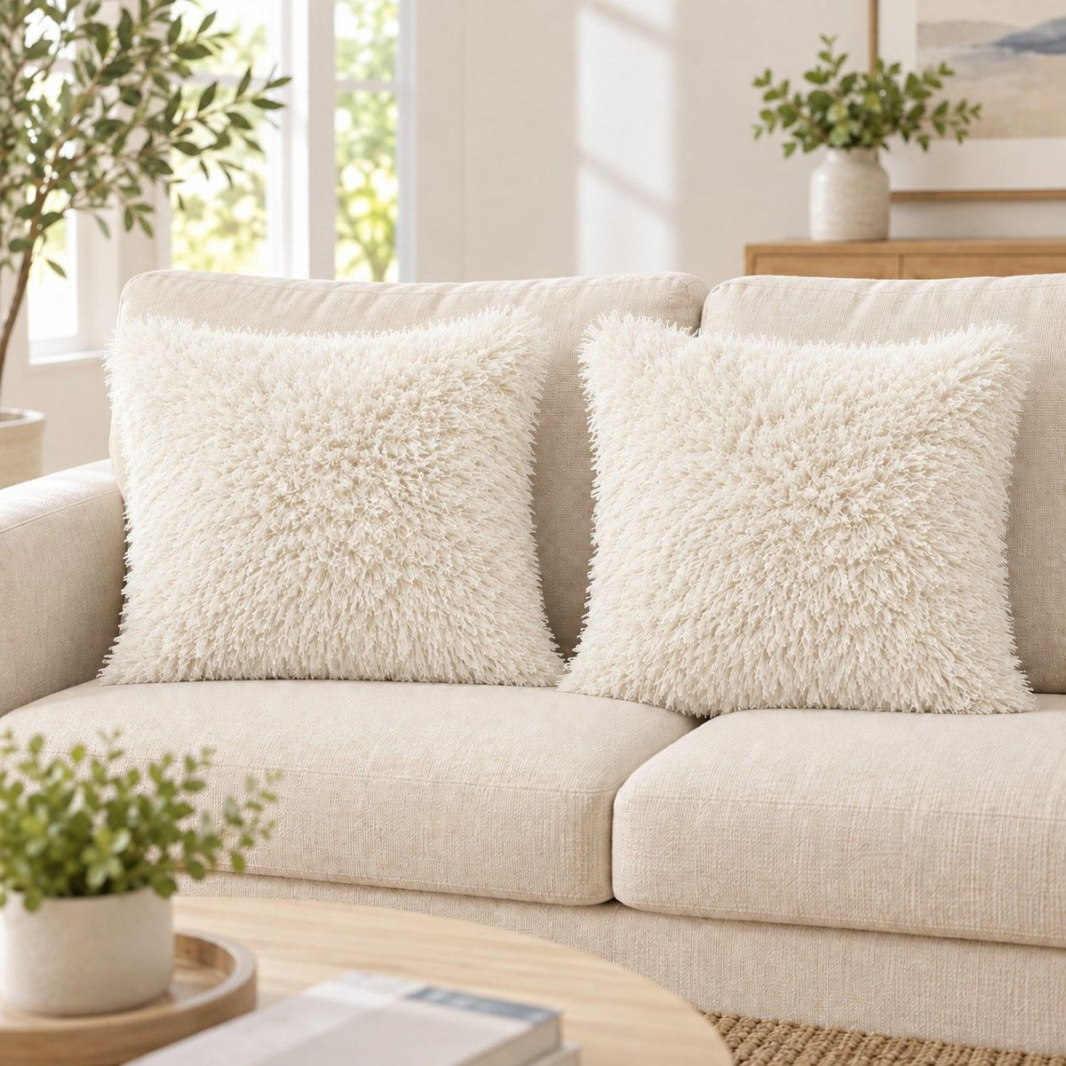 2 Pack Shaggy Faux Fur Throw Pillow Covers 18 x 18 Inch for Couch Sofa and Bed