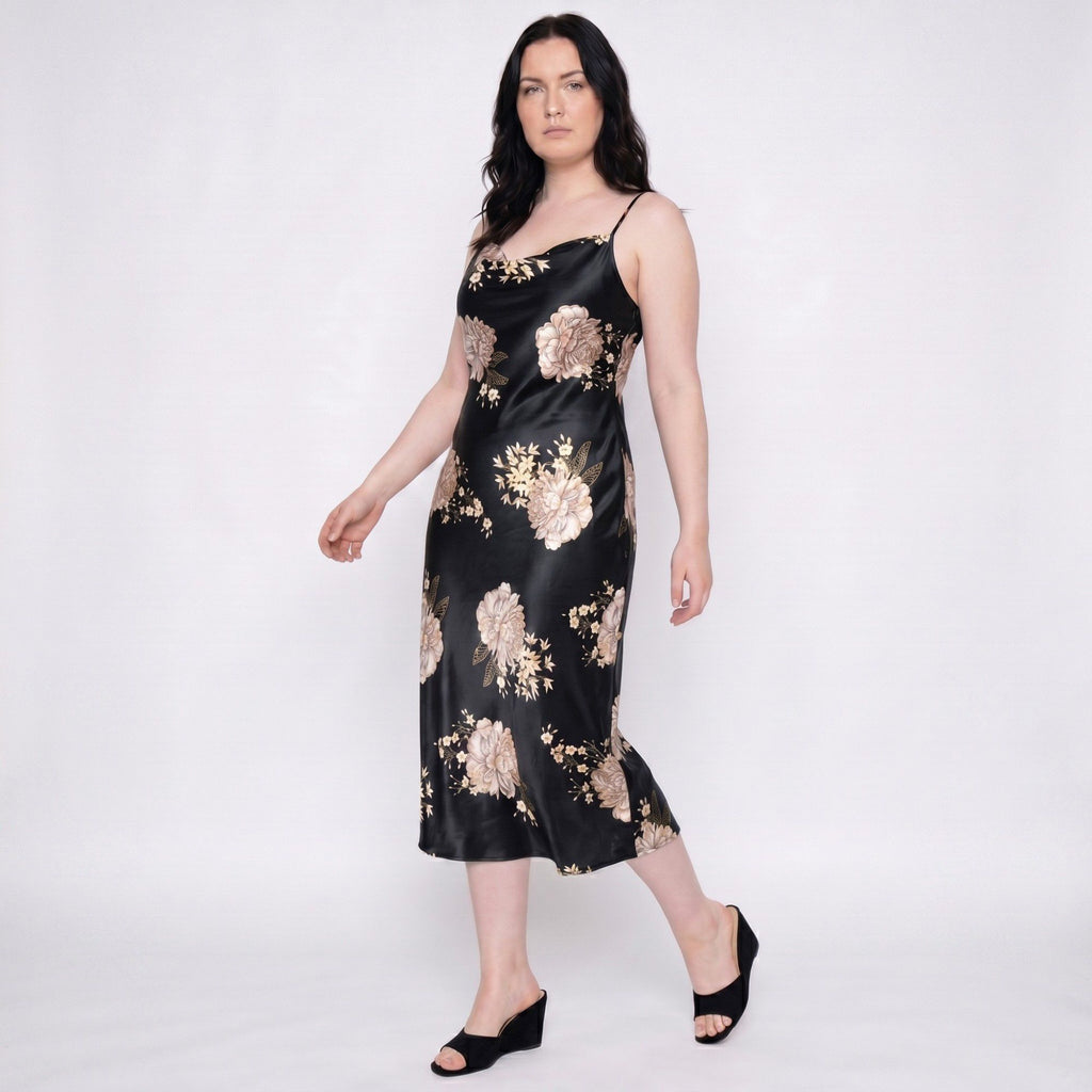 Plus Size Floral Print Satin-Like Cowl Neck Midi Nightgown with Slim Straps and Relaxed Slip Fit