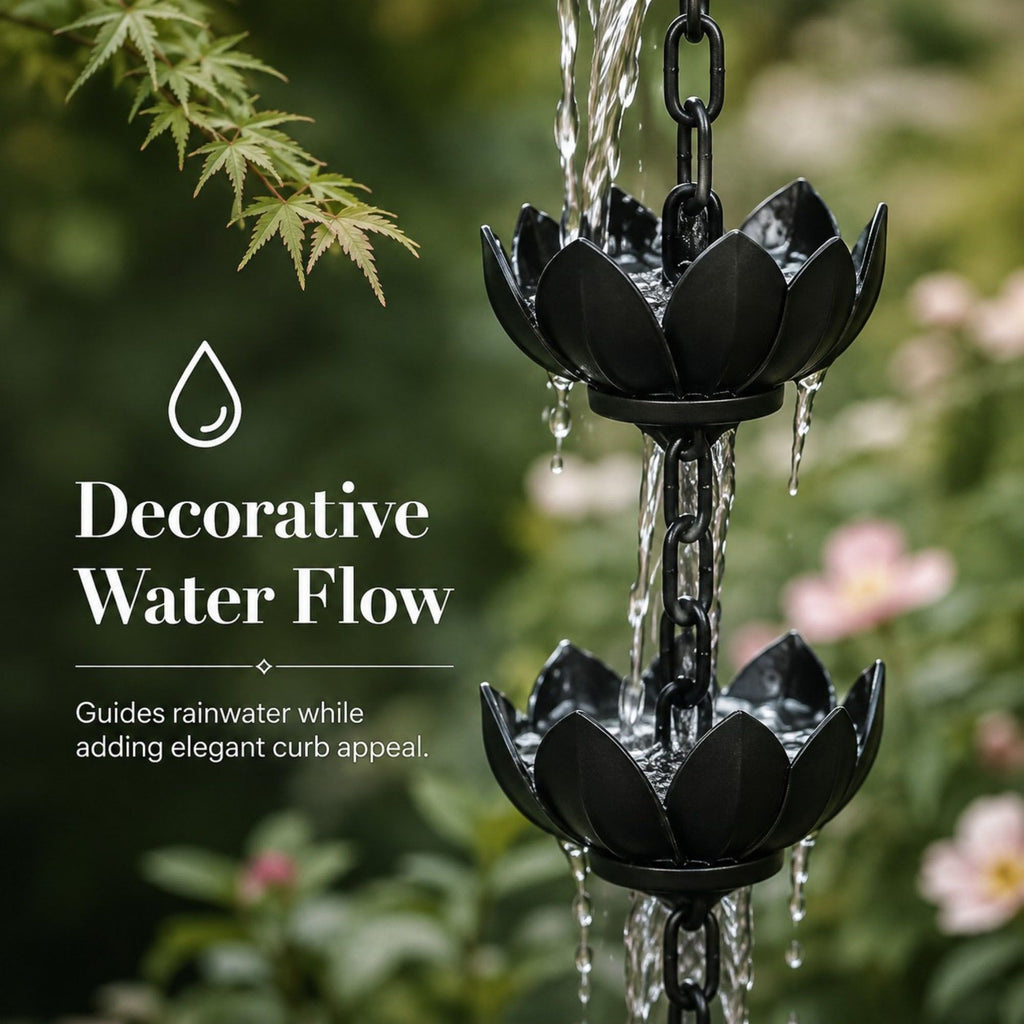 Black Lotus Rain Chain for Gutters