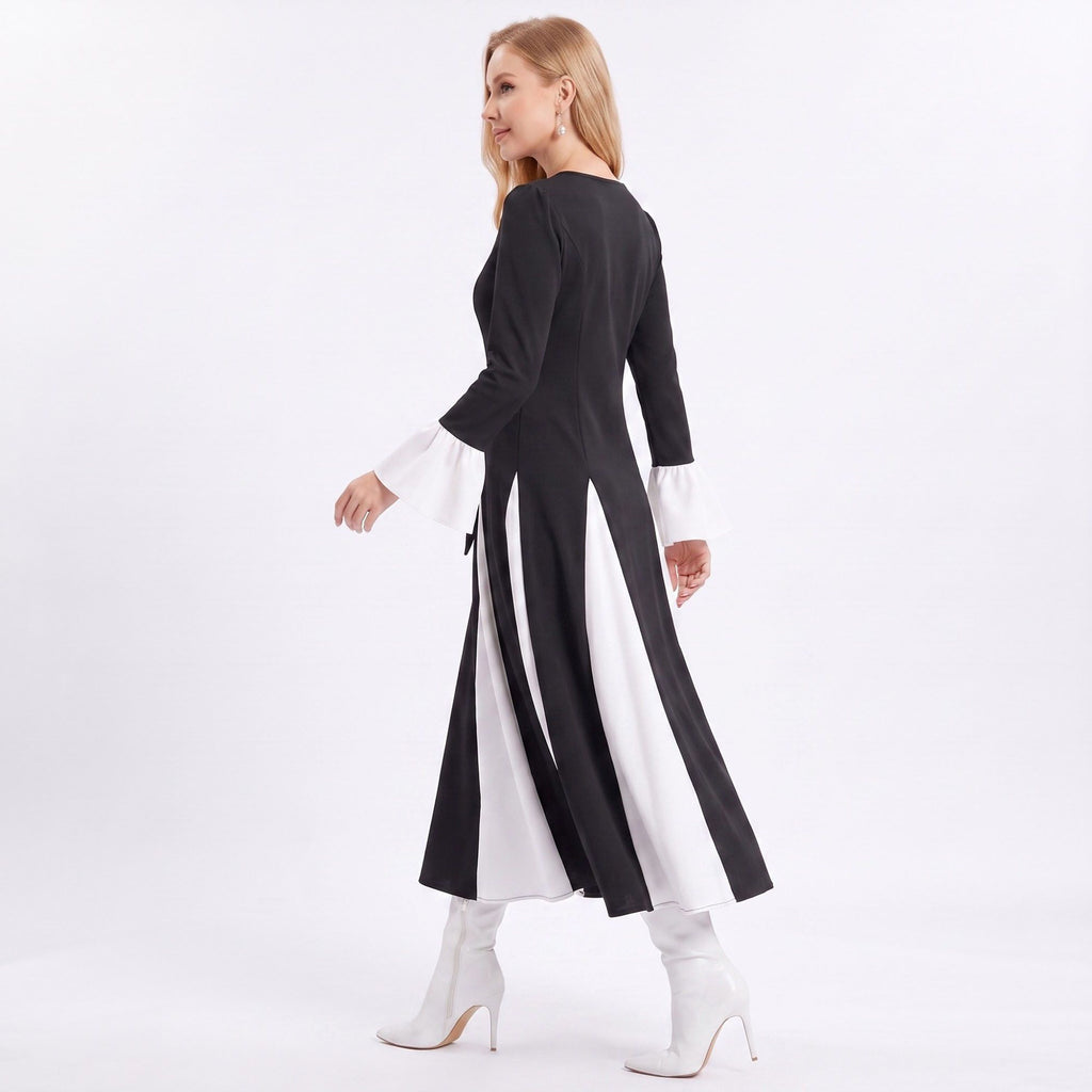 Color Block Belted Long Sleeve Fit and Flare Midi Dress