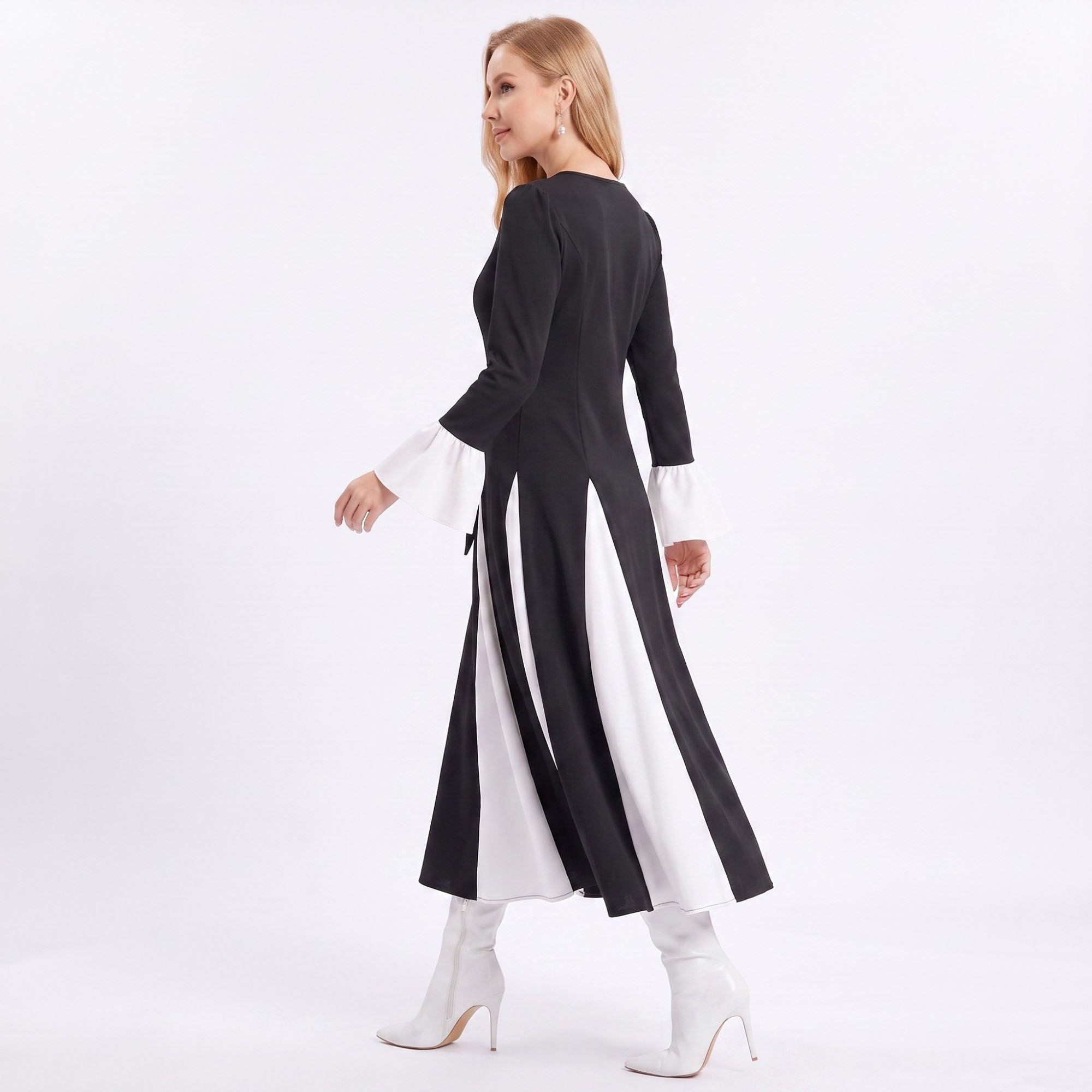 Color Block Belted Long Sleeve Fit and Flare Midi Dress