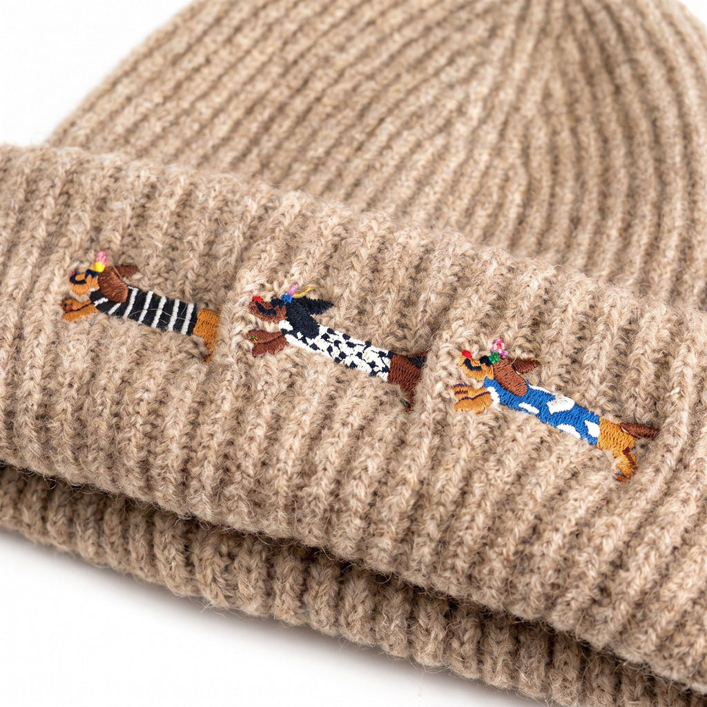 Embroidered Dachshund Knit Beanie Ribbed Cuff Winter Hat