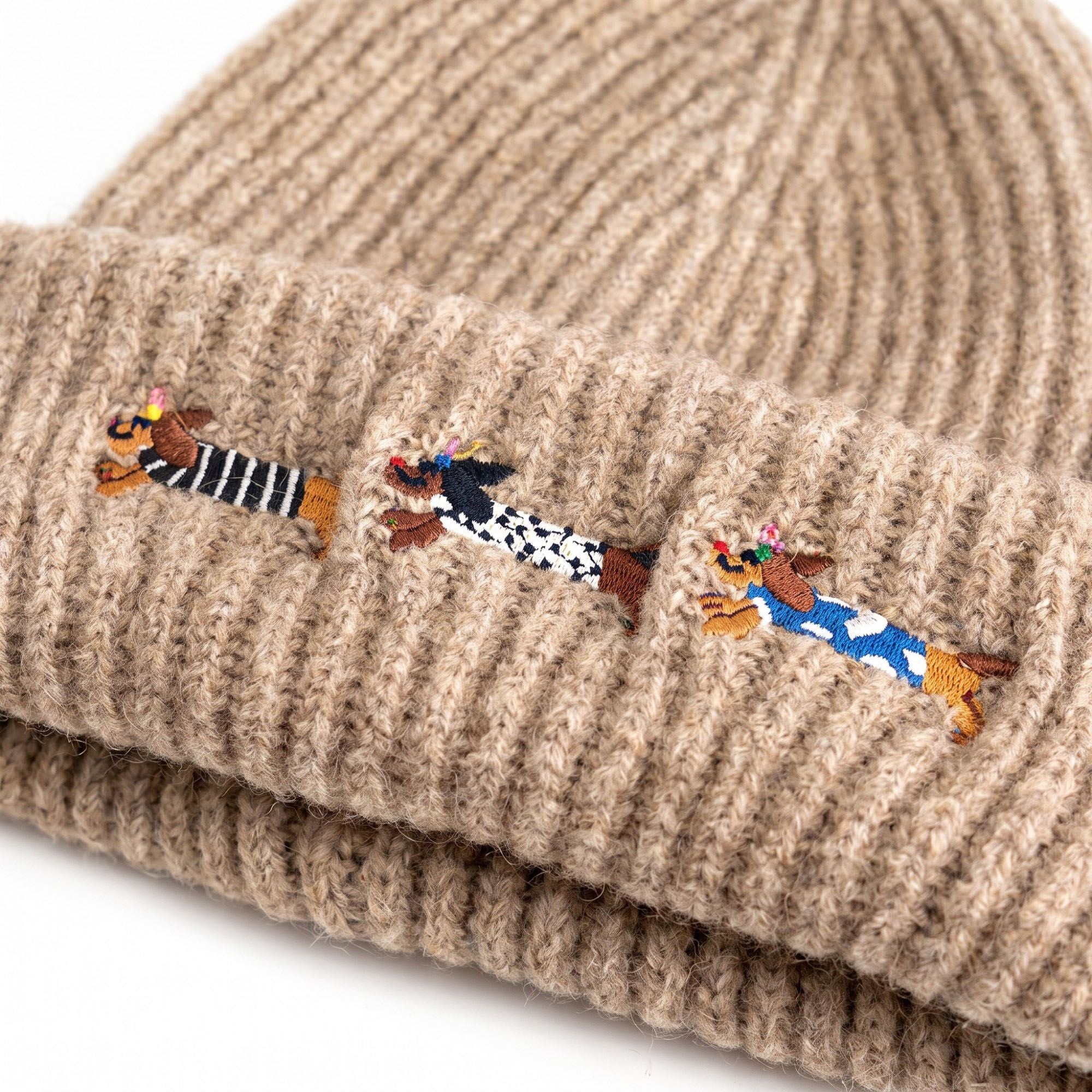 Embroidered Dachshund Knit Beanie Ribbed Cuff Winter Hat