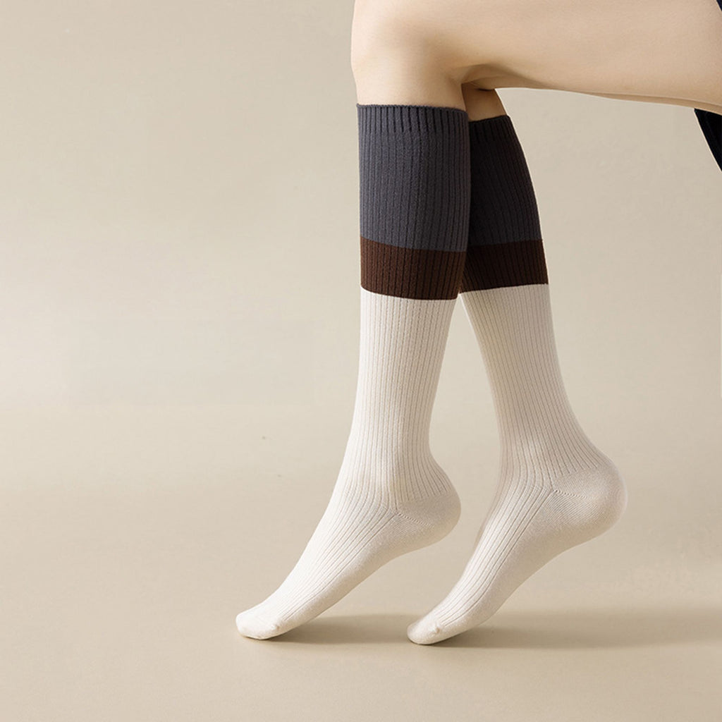 Anna-Kaci 2-Pair Colorblock Knee-High Ribbed Socks with Stretch Fit Design