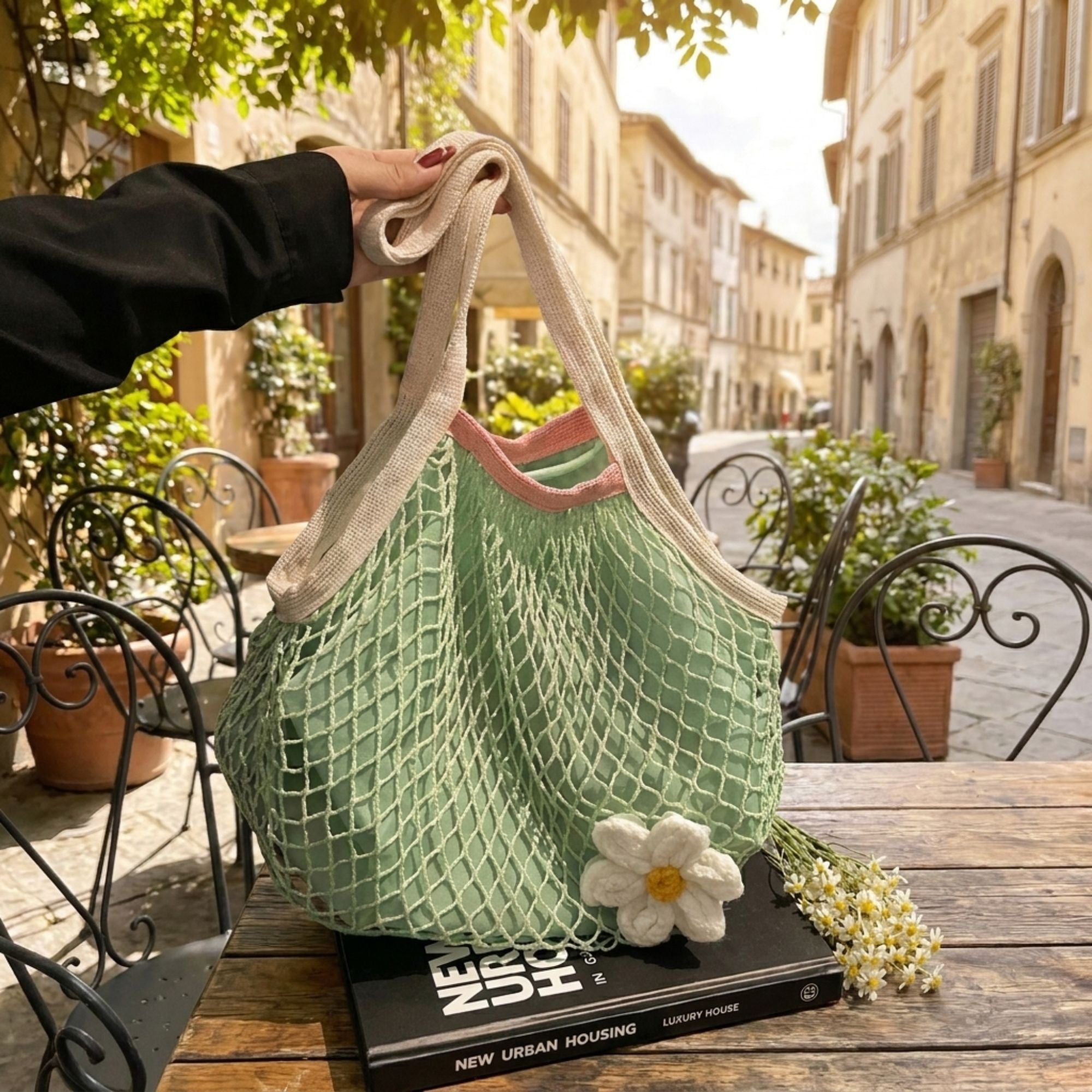Crochet Style Net Tote Bag with Daisy Accent and Shoulder Straps
