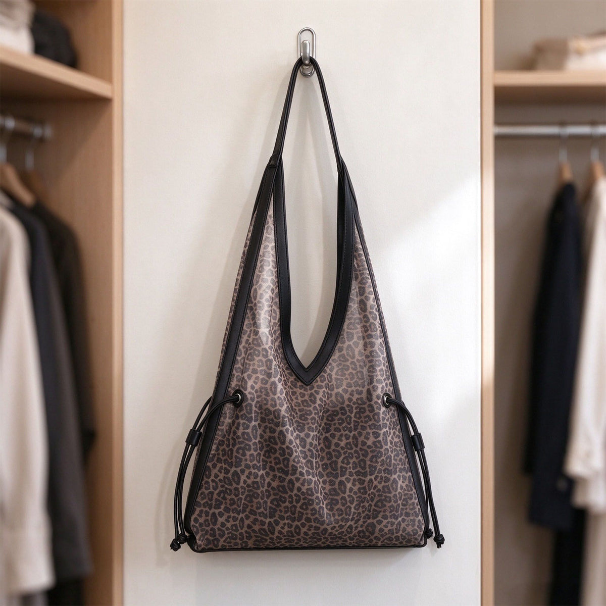 Leopard Print Large Hobo Shoulder Tote Bag with Drawstring Side Detail