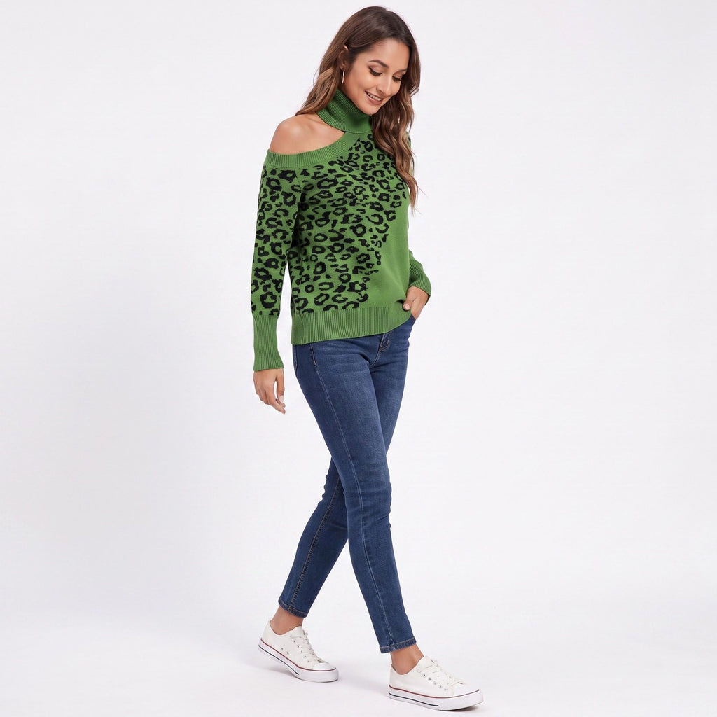 Leopard Print Cold Shoulder Turtleneck Sweater
