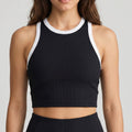 Padded Ribbed High Neck Sports Bra Tank Top Contrast Trim Workout Yoga Crop Top
