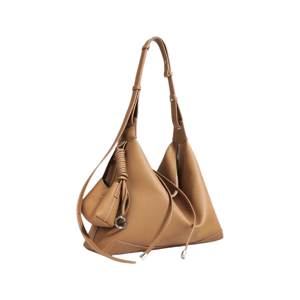 Slouchy Leather Hobo Shoulder Bag with Adjustable Strap Tassel Accent and Zip Closure