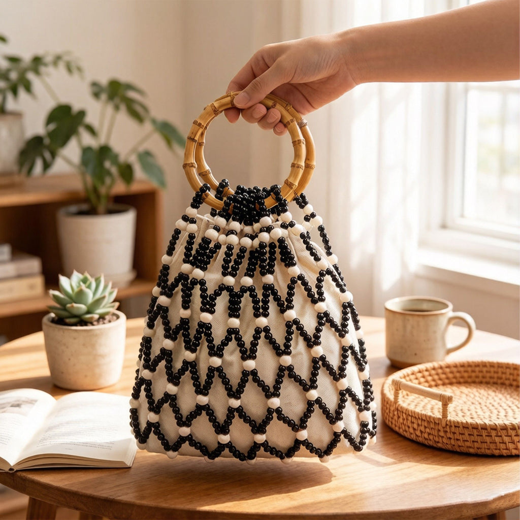 Beaded Drawstring Mini Bag with Bamboo Handle Structured Bucket Purse Lightweight Top Handle Handbag