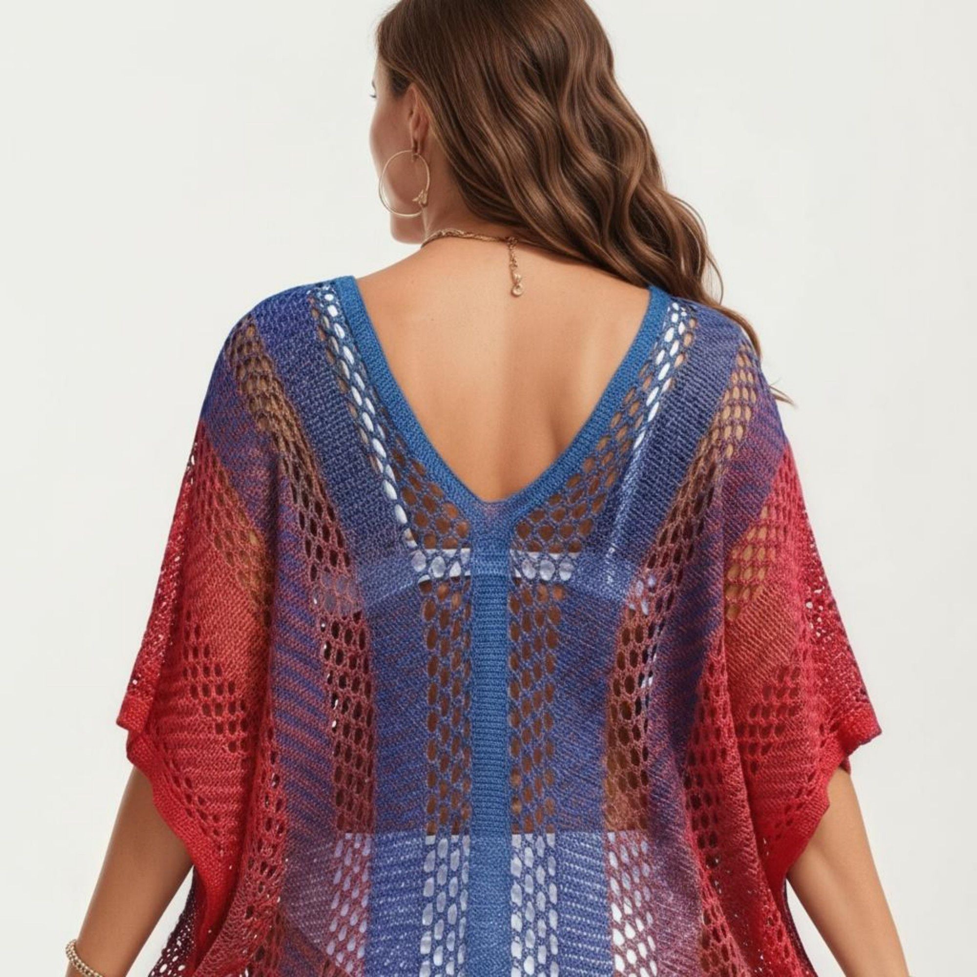 Anna-Kaci Women's Ombre Crochet Swim Cover Up Dress with Open Knit Mesh Design V Neck Short Sleeves Relaxed Fit