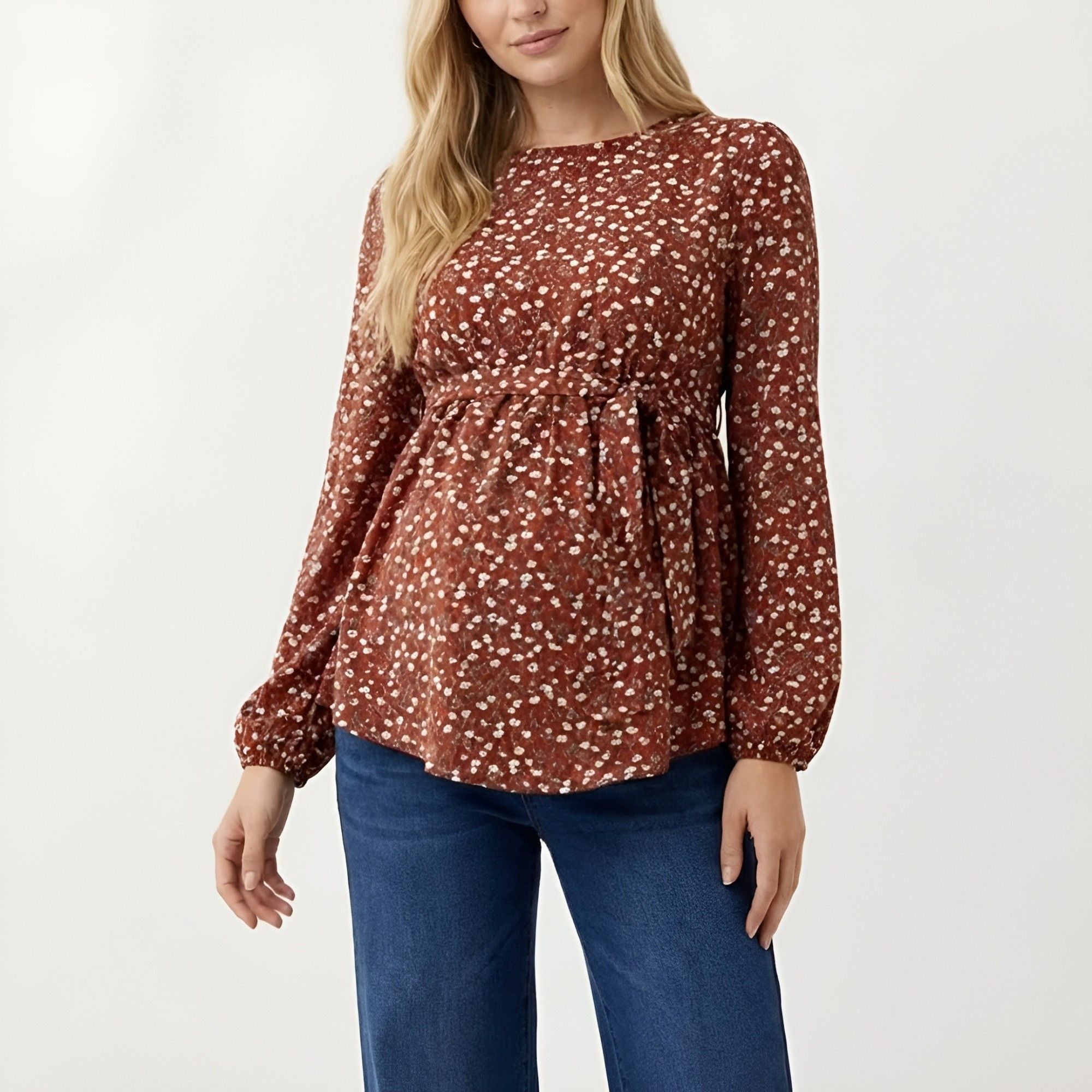 Anna-Kaci Women's Boho Floral Maternity Blouse - Flowy Peplum Long Sleeve Babydoll Top