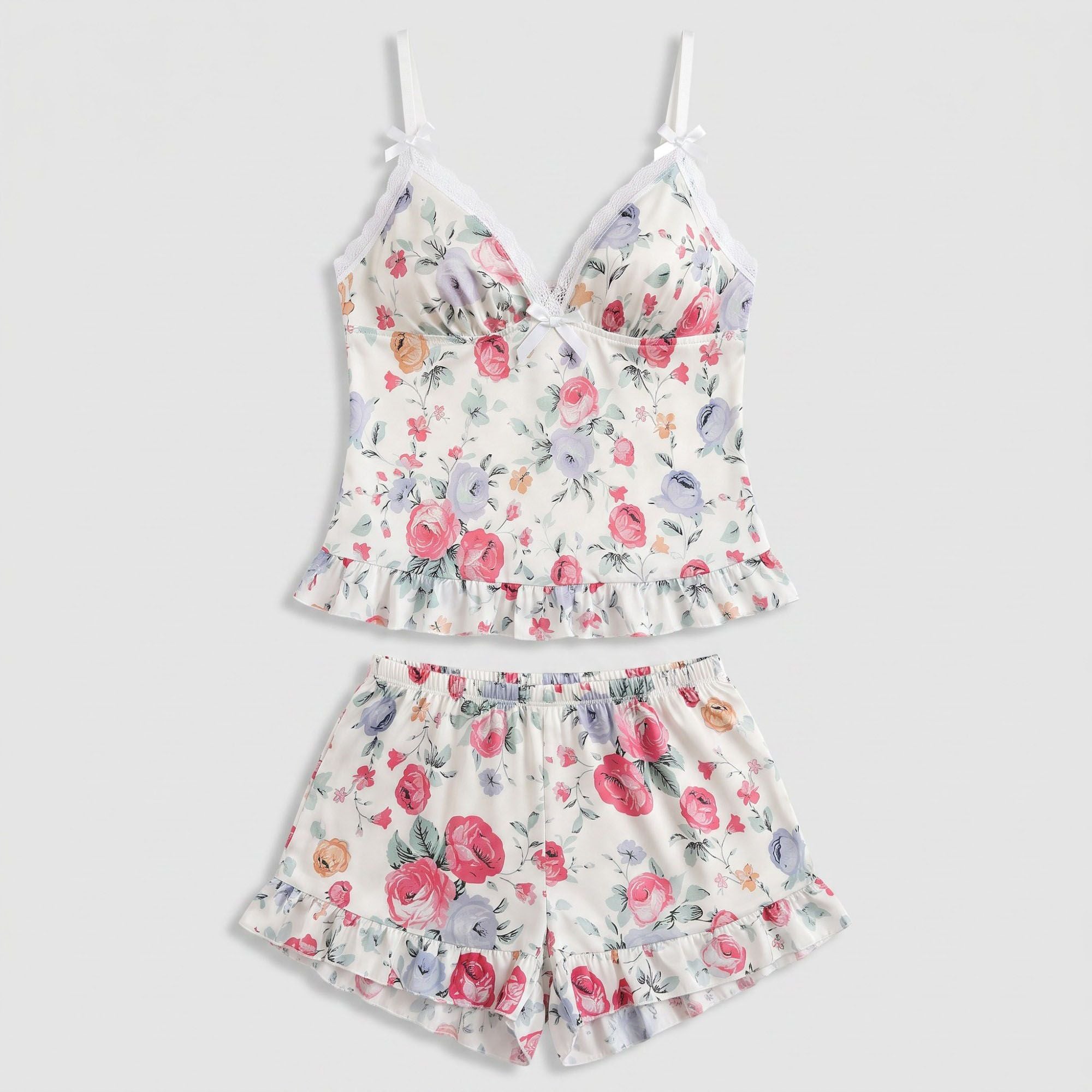 Floral Satin Ruffle Cami and Shorts Lingerie Set