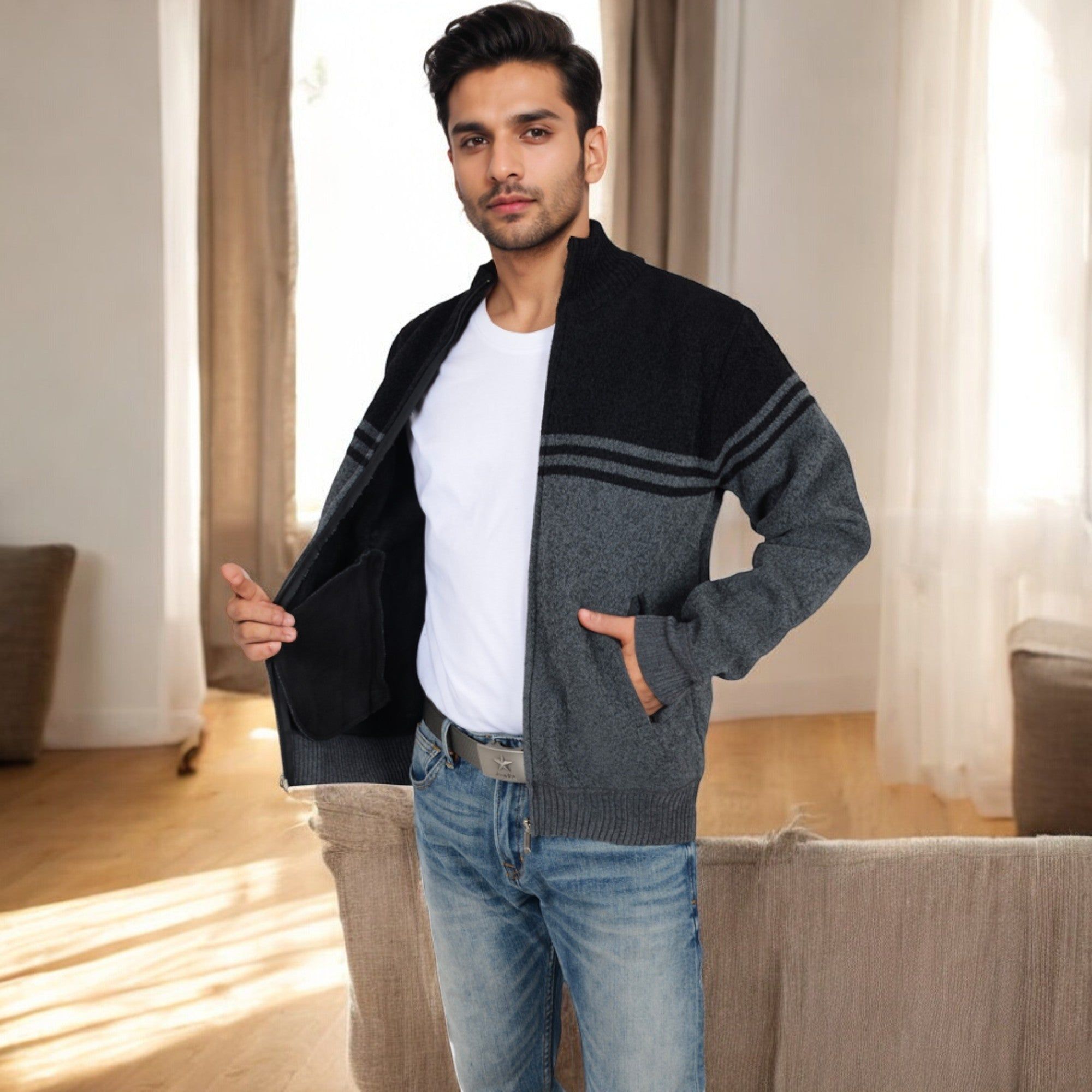 Anna-Kaci Men's Zip-Up Striped Fleece Jacket with High Collar and Front Pockets