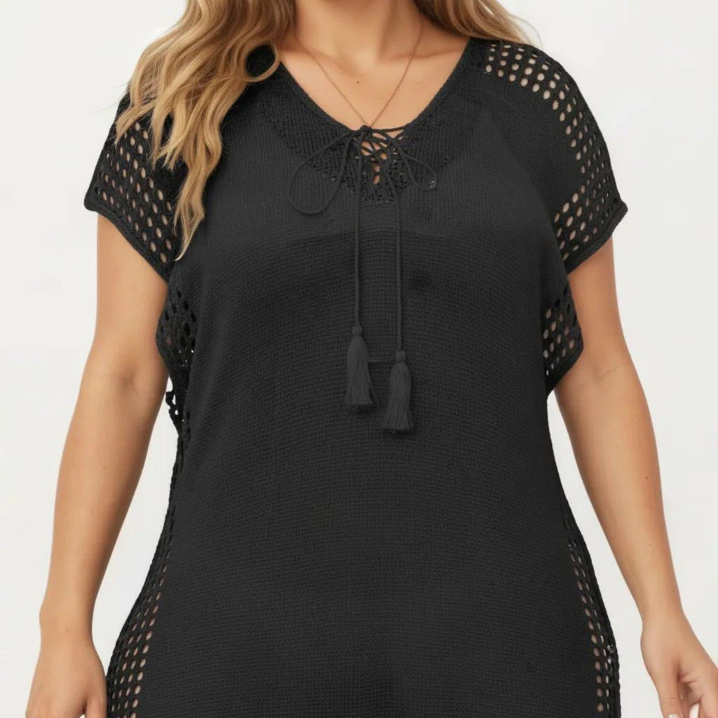 Anna-Kaci Women's Knit Swim Cover Up Dress with Tassel Tie Neck Open Knit Trim and Relaxed Short Sleeves