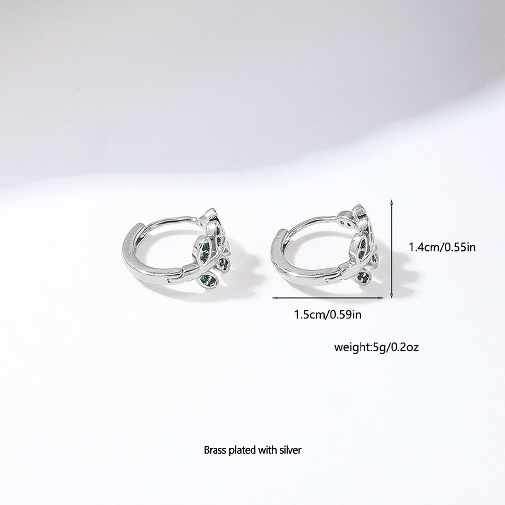Women's Leaf - Shaped Hoop Earrings with Green Crystals