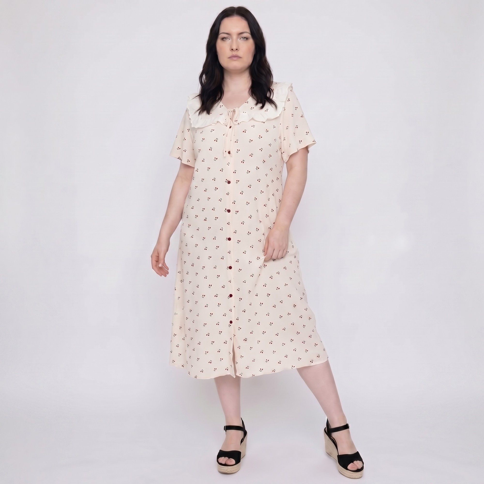 Short Sleeve Button Front Midi Nightgown Ruffle Collar Tie Neck Sleep Dress