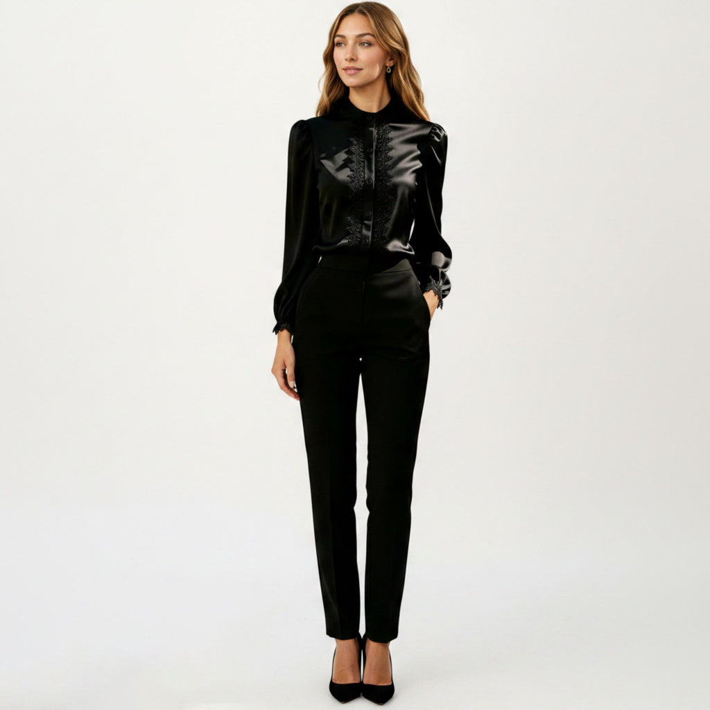 Anna-Kaci Women's Long Sleeve Blouse with Lace Trim Front and Puff Sleeve Cuffs
