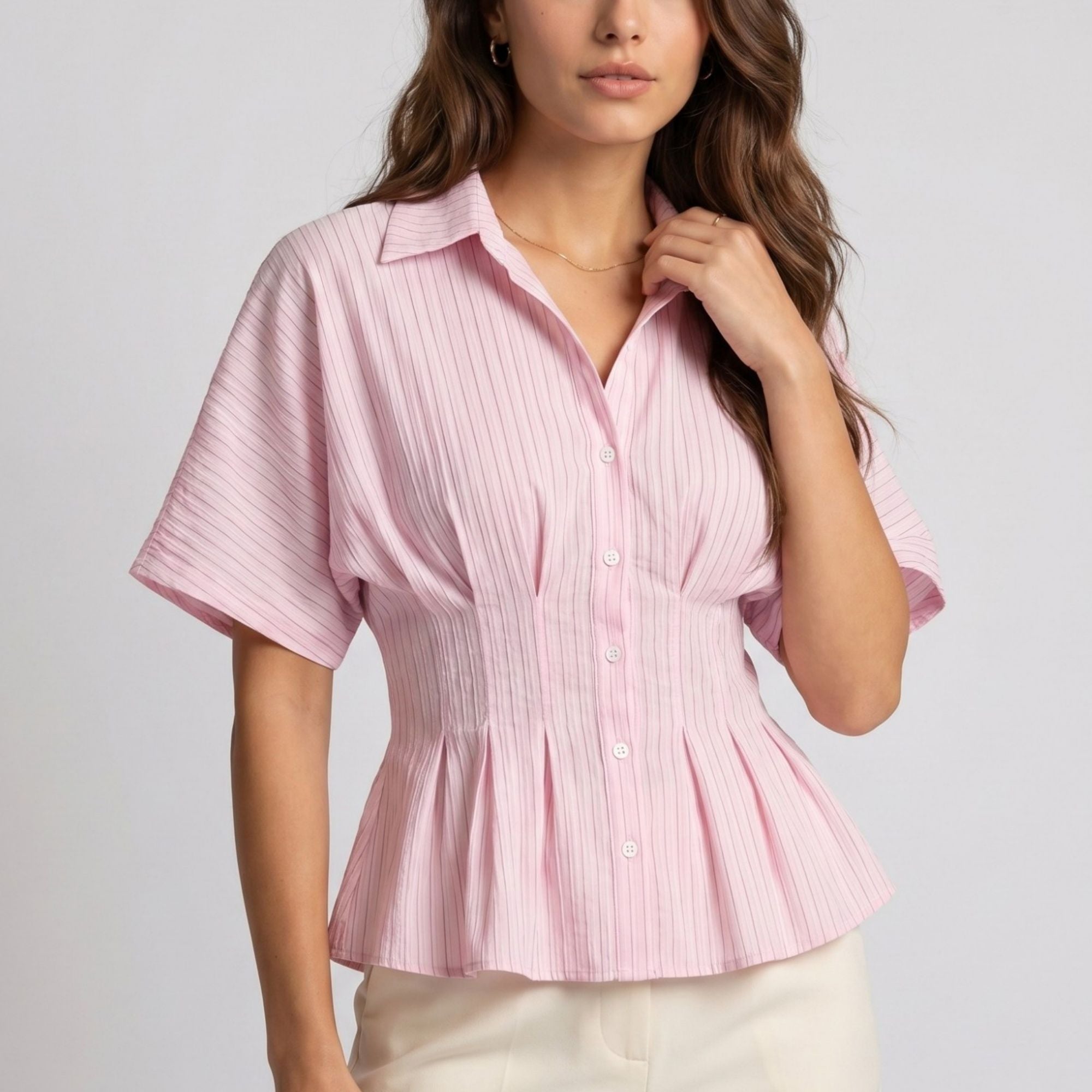 Anna-Kaci Women's Striped Button Front Peplum Blouse with Collared Neck and Pleated Hem