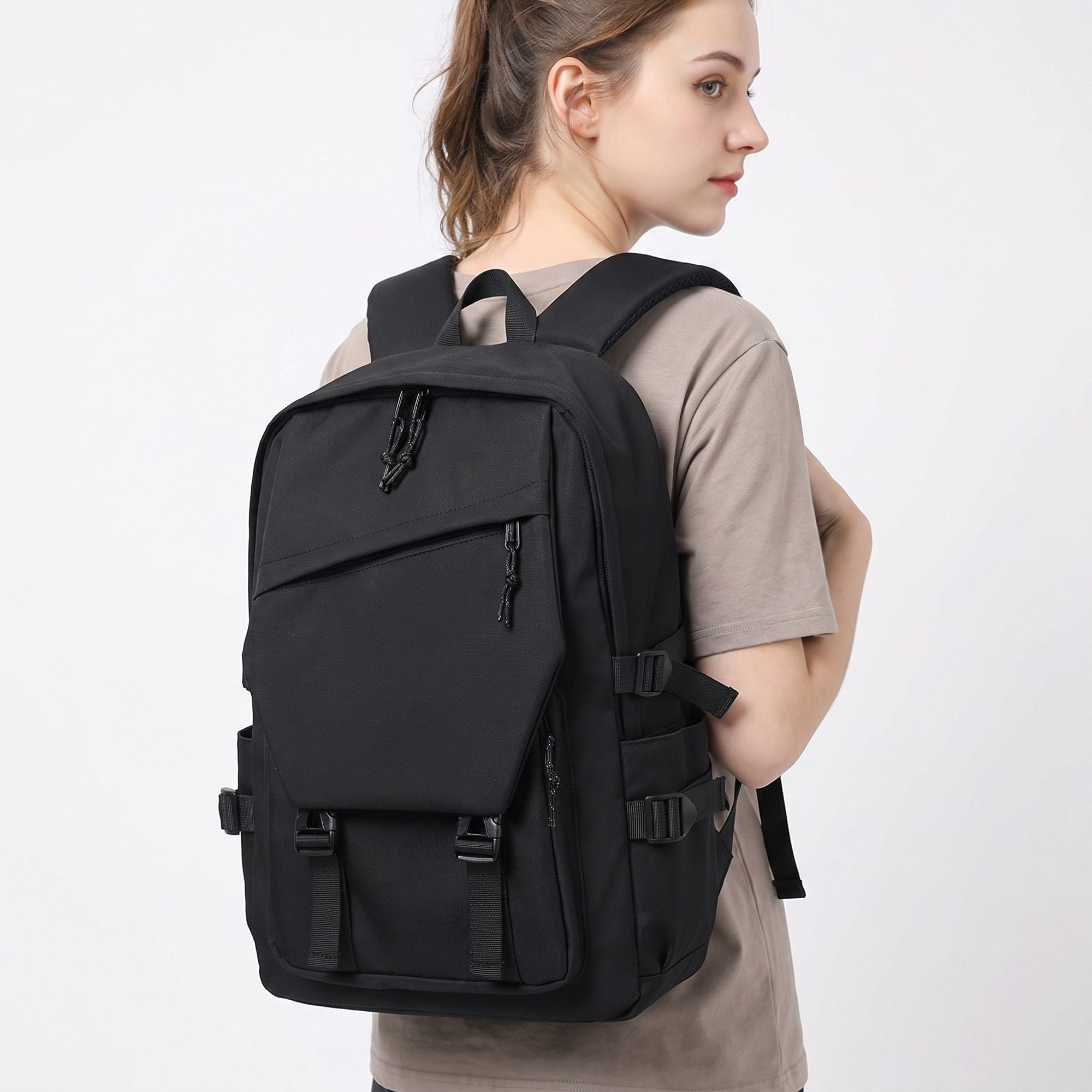 Large Laptop Backpack with Front Flap Pocket Buckle Straps Side Pockets and Padded Shoulder Straps