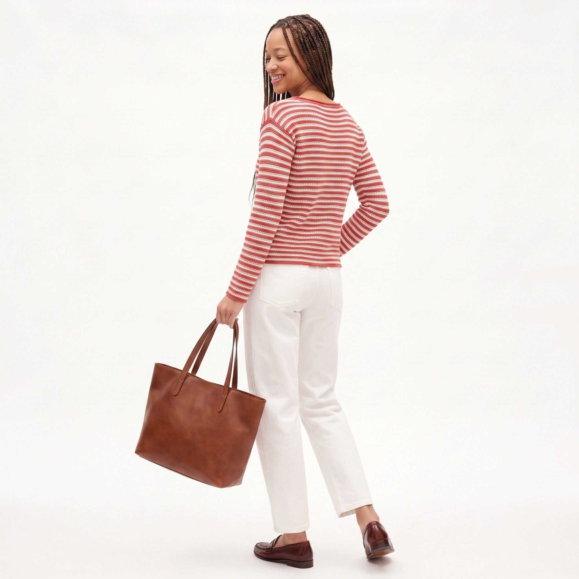 Striped Pointelle Knit Boat Neck Long Sleeve Sweater