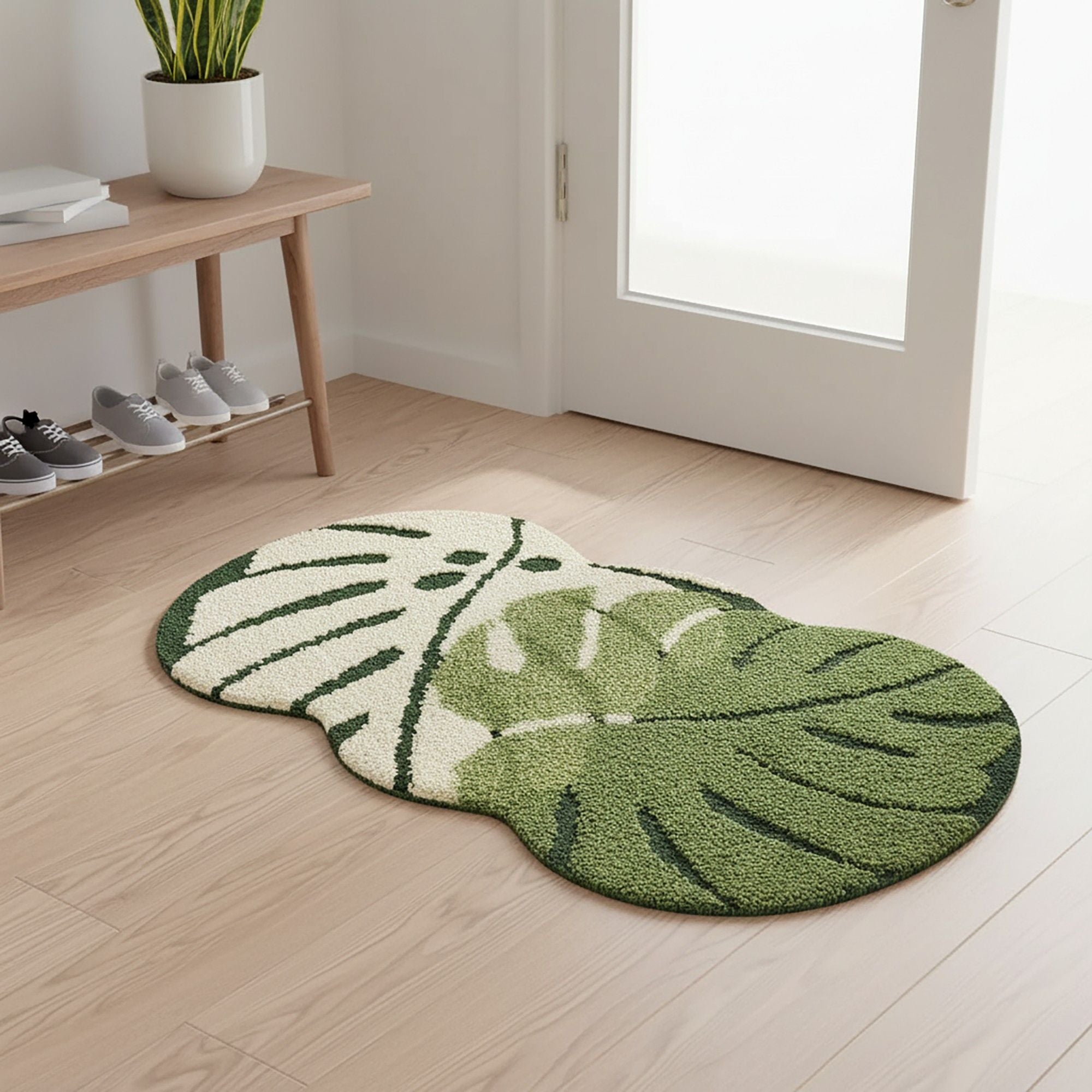 Tufted Floor Mat with Tropical Leaf Pattern Non Slip Backing Soft Plush Decorative Indoor Entryway Bathroom Rug