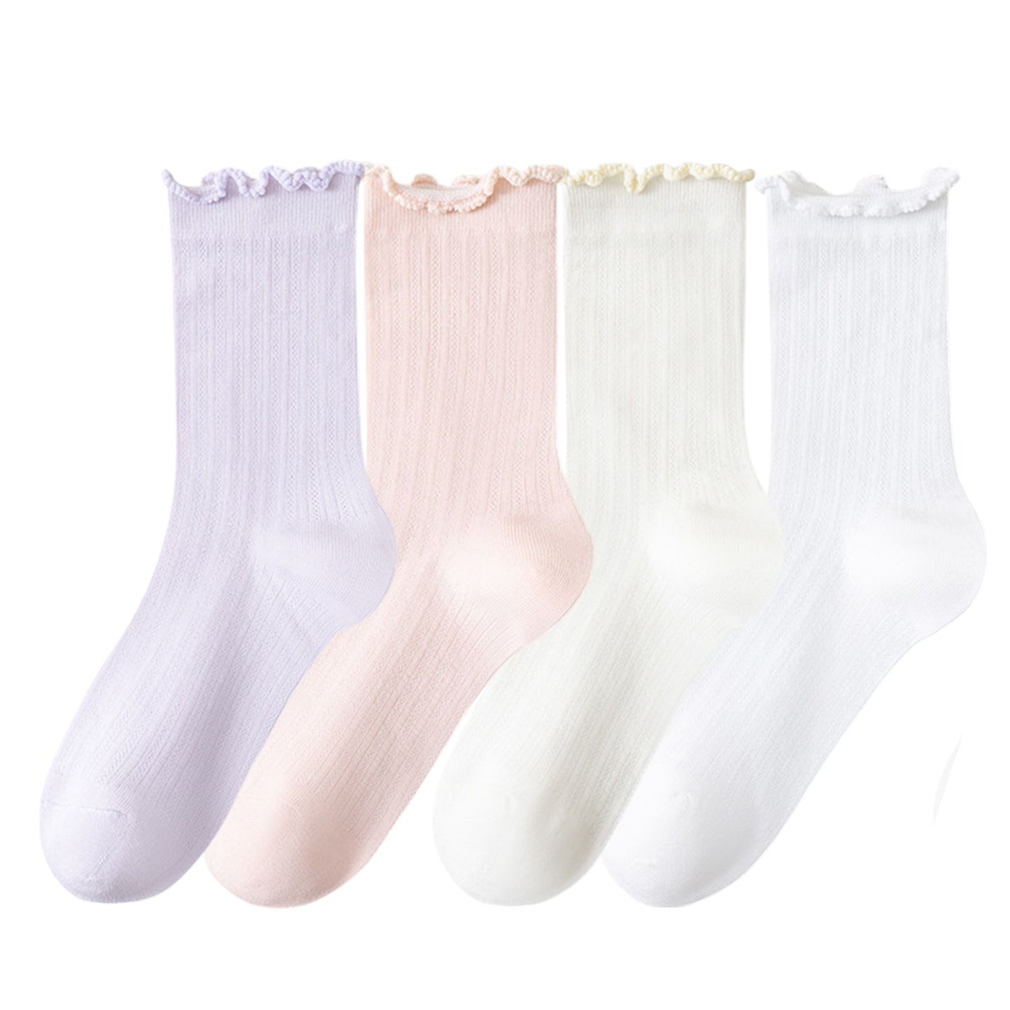 Anna-Kaci Women's 4-Pair Pack Soft Ribbed Ankle Socks with Ruffled Edge Trim Lightweight Knit Design in Multiple Color Combinations