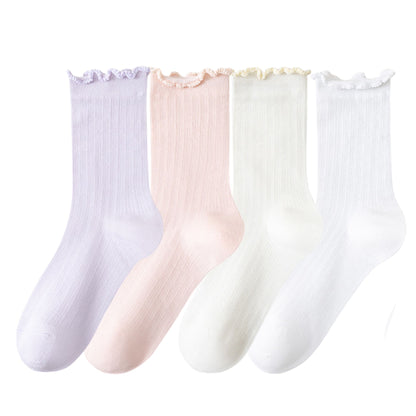 Anna-Kaci Women's 4-Pair Pack Soft Ribbed Ankle Socks with Ruffled Edge Trim Lightweight Knit Design in Multiple Color Combinations