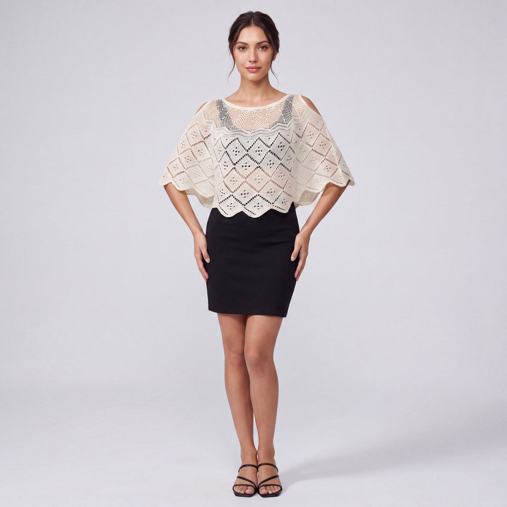 Crochet Openwork Poncho Capelet with Round Neck, Draped Short Sleeves and Scalloped Hem 11.8*39.3In