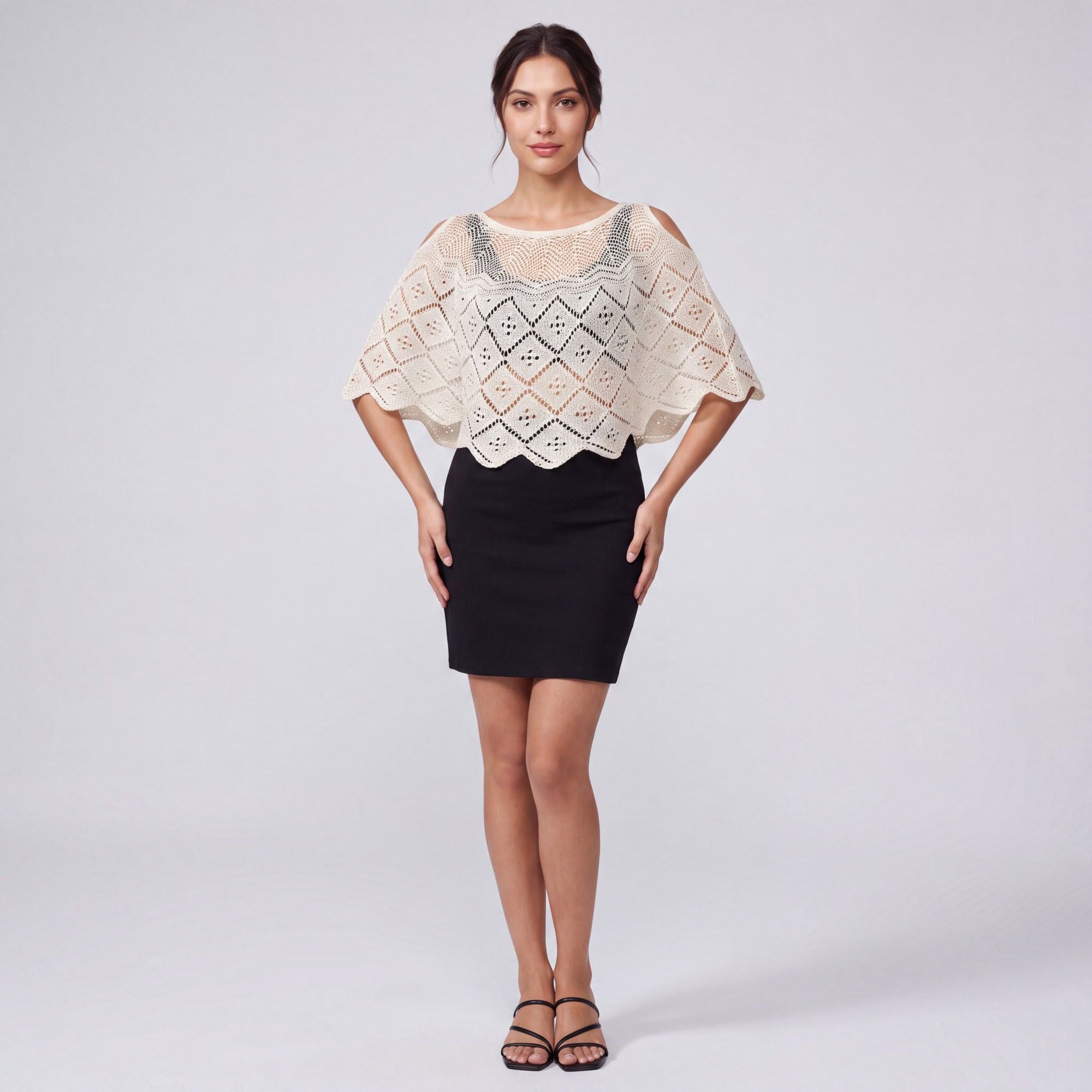 Crochet Openwork Poncho Capelet with Round Neck, Draped Short Sleeves and Scalloped Hem 11.8*39.3In