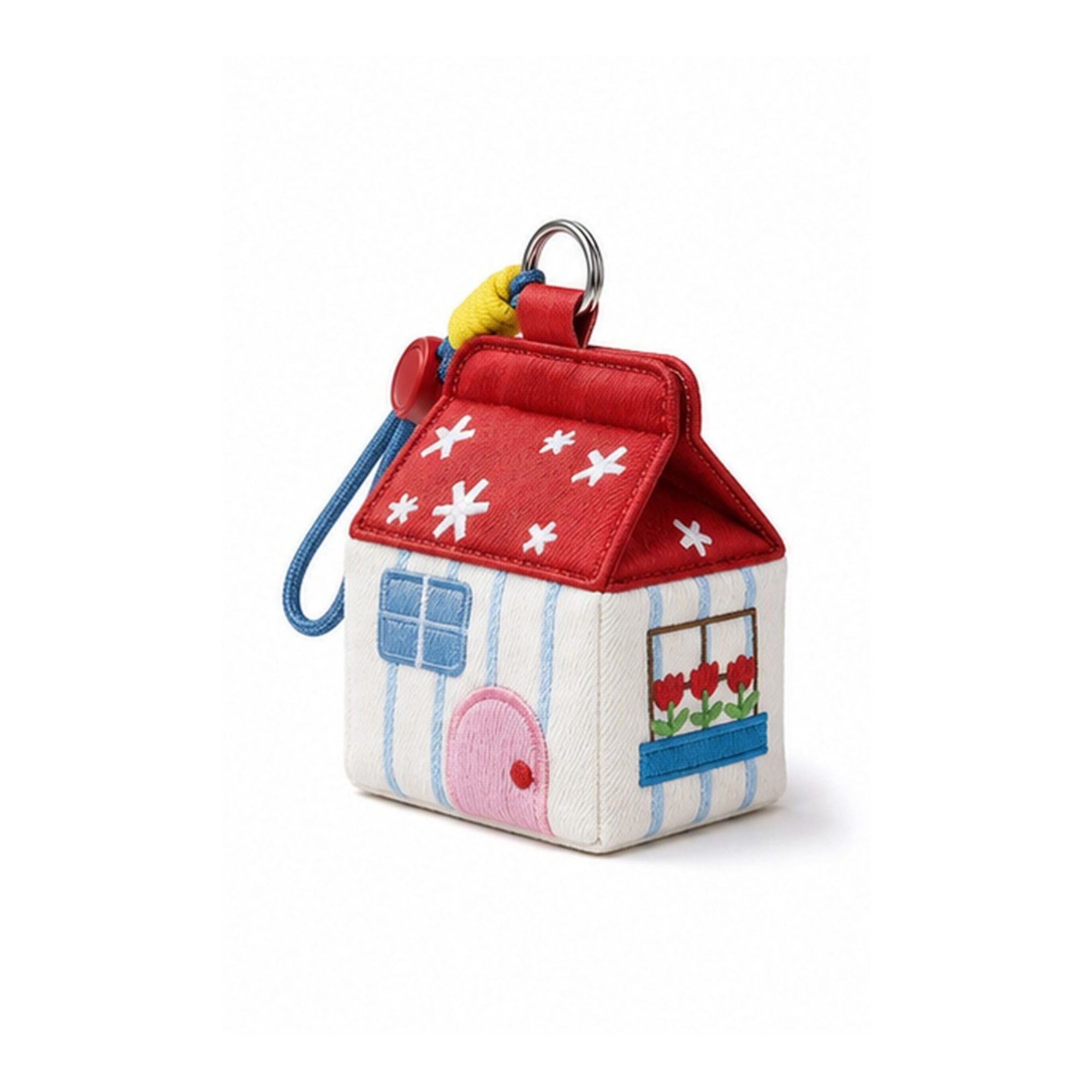 Embroidered House-Shaped Mini Pouch Keychain with Wrist Strap for Earbuds, Coins and Small Essentials