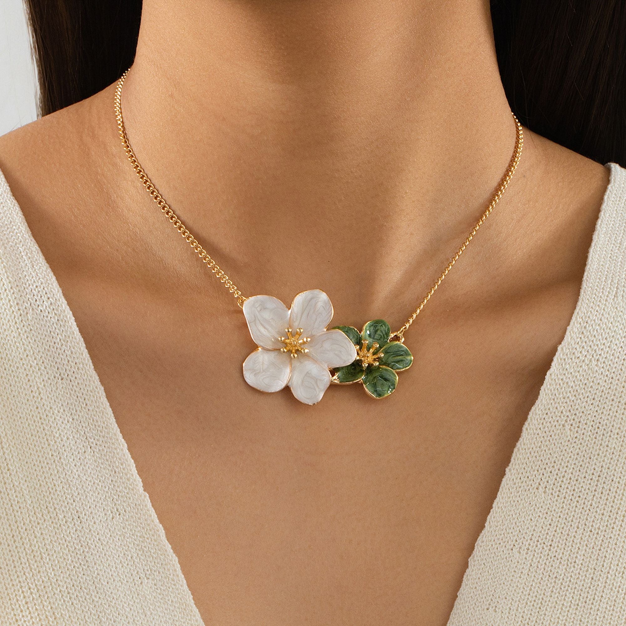 Women's Enamel Flower Pendant Necklace with Gold Chain