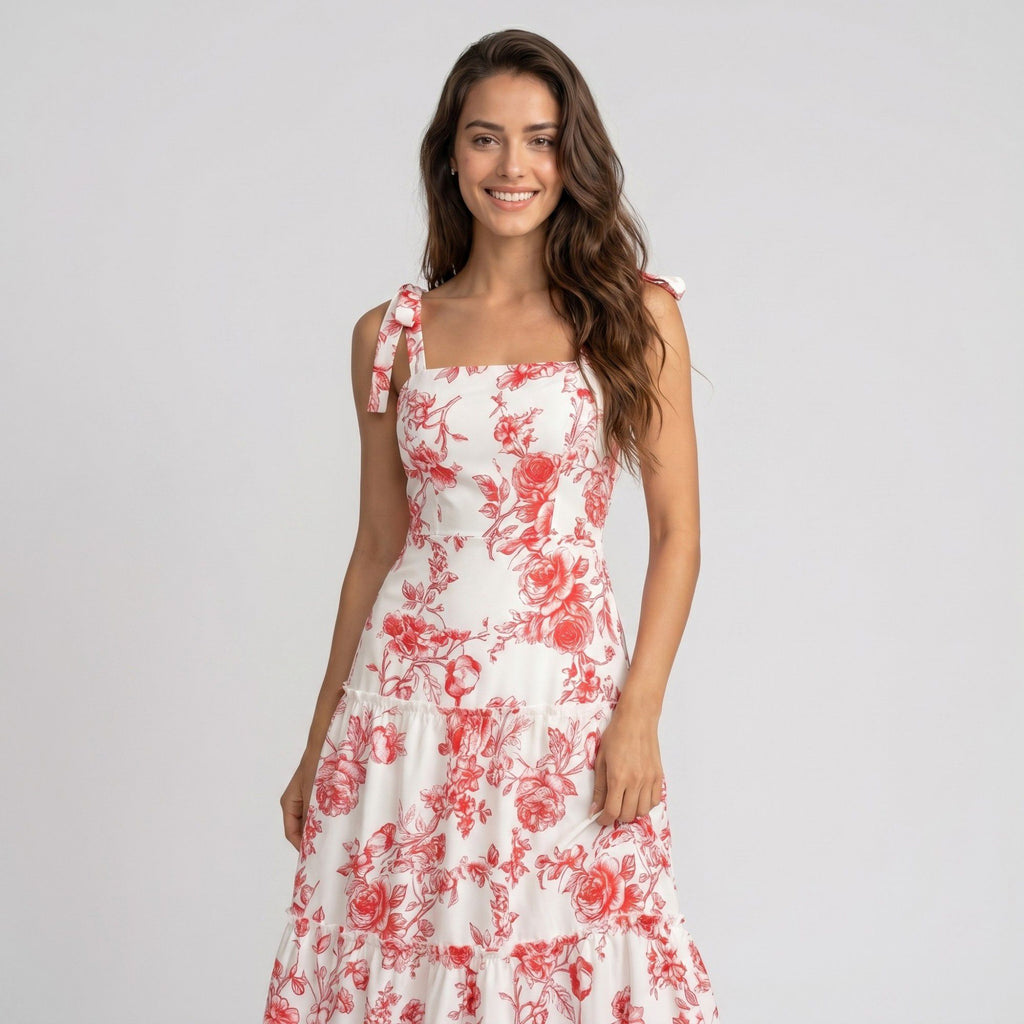 Floral Print Tie Shoulder Smocked Bodice Tiered Maxi Dress with Square Neckline and Flowy A Line Silhouette