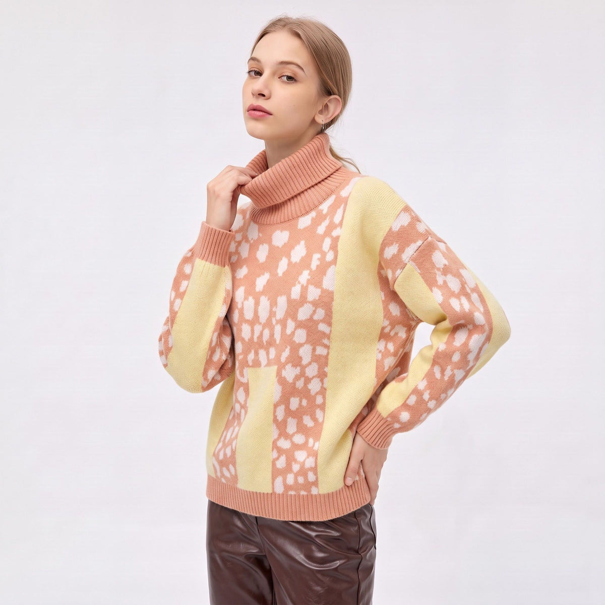 Animal Print Color Block Turtleneck Sweater