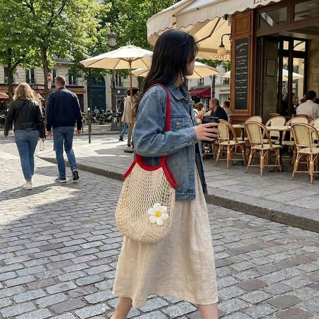 Crochet Style Net Tote Bag with Daisy Accent and Shoulder Straps